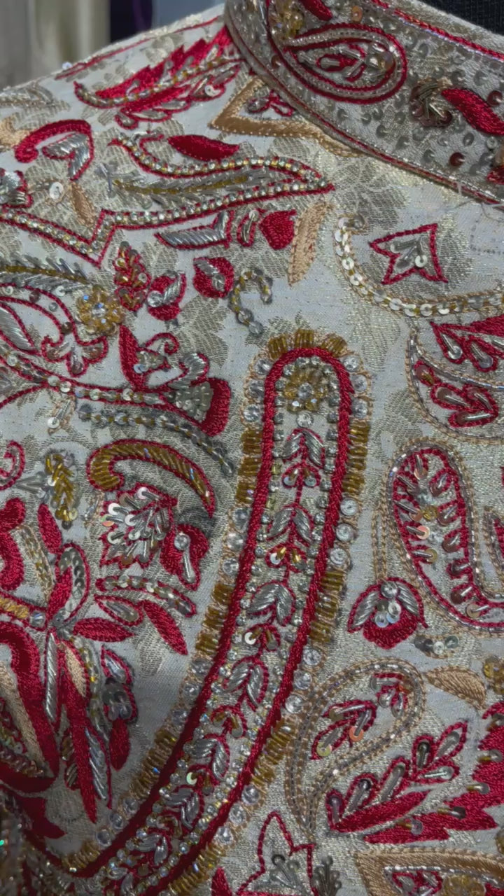 Ivory & Red Embroidered Jamawar Prince Coat (1-Pc) - Image 4