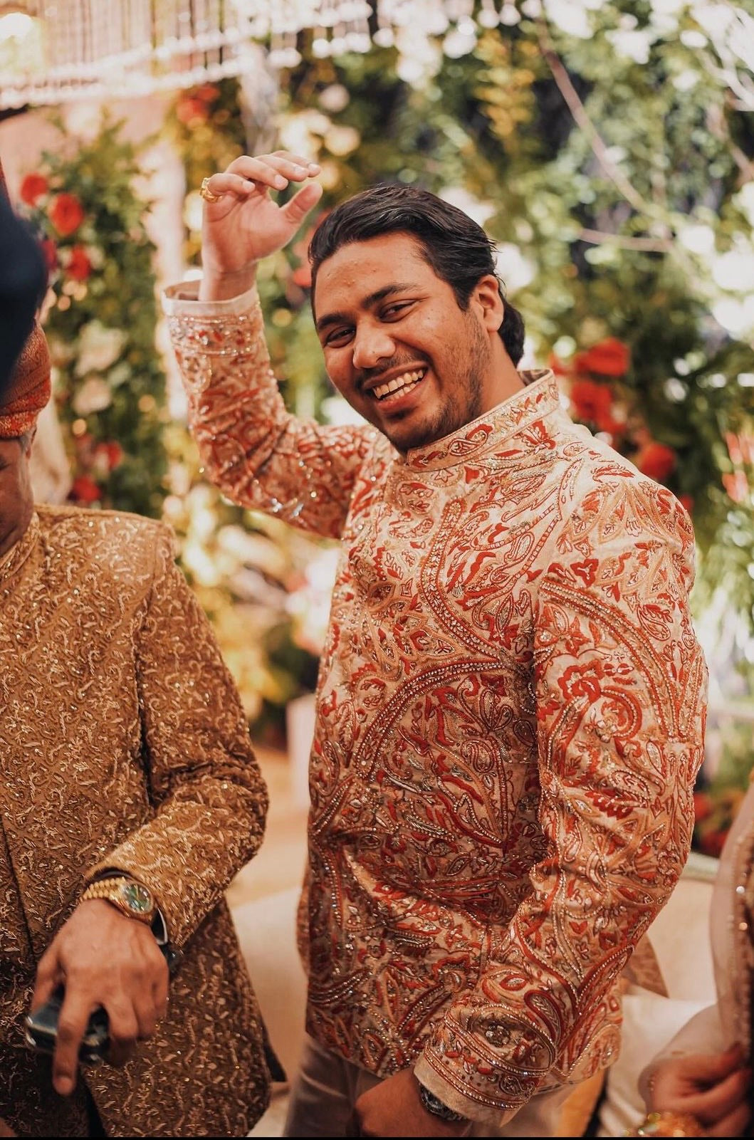 Ivory & Red Embroidered Jamawar Prince Coat (1-Pc) - Image 2