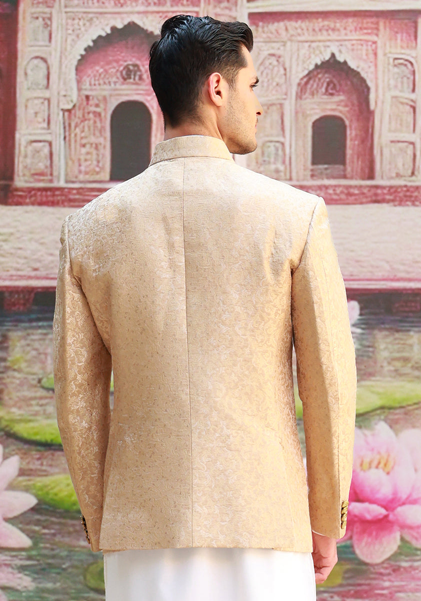 Almond Buff Self-Woven Jamawar Prince Coat (2-Piece) - Image 5