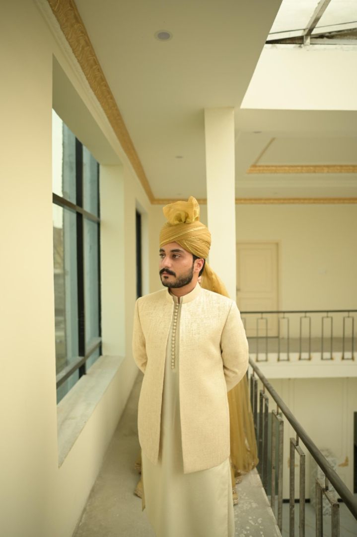 Ivory Self-Textured Jamawar Prince Coat (3-Piece) - Image 1