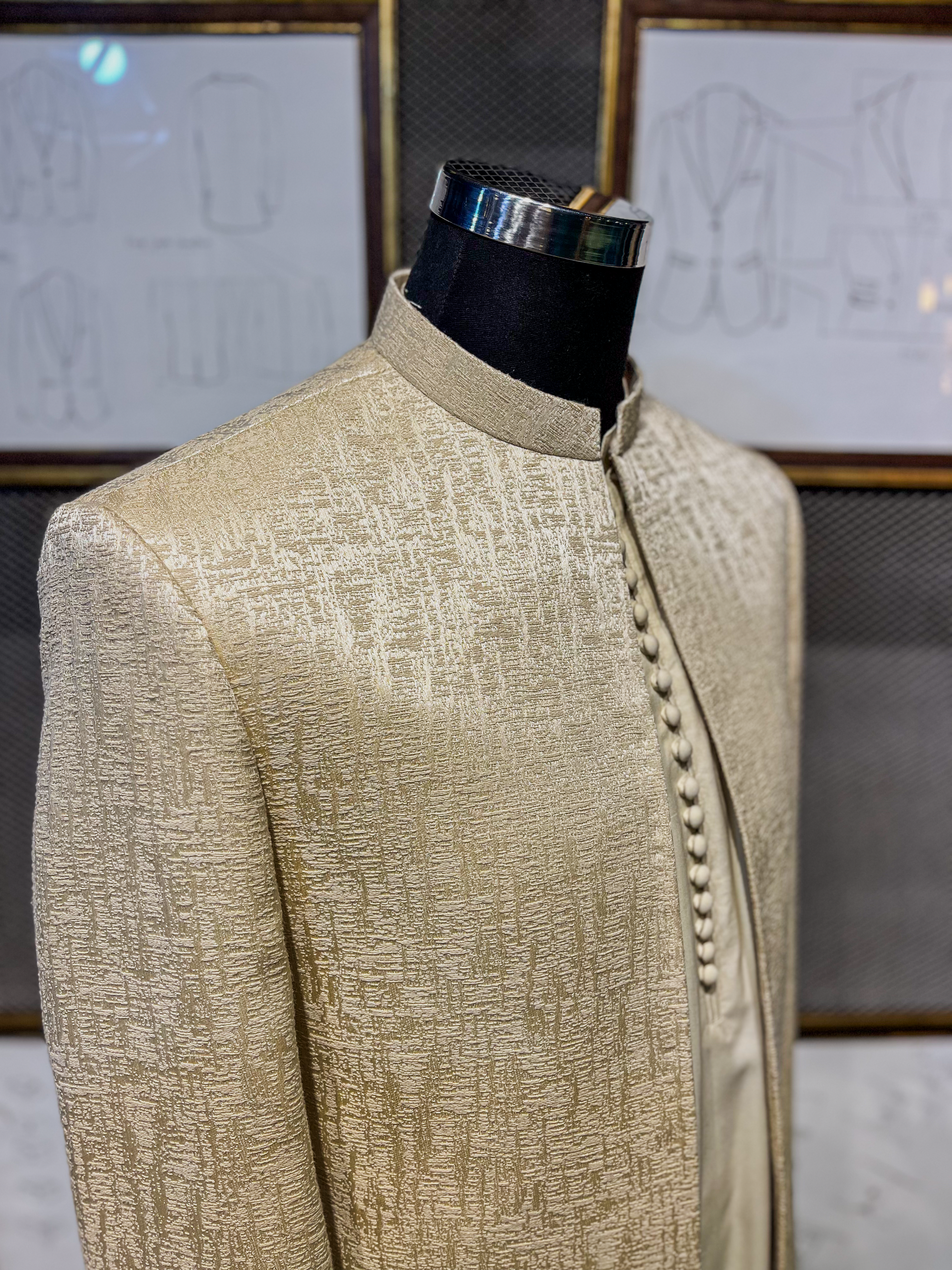 Ivory Self-Textured Jamawar Prince Coat (3-Piece) - Image 4