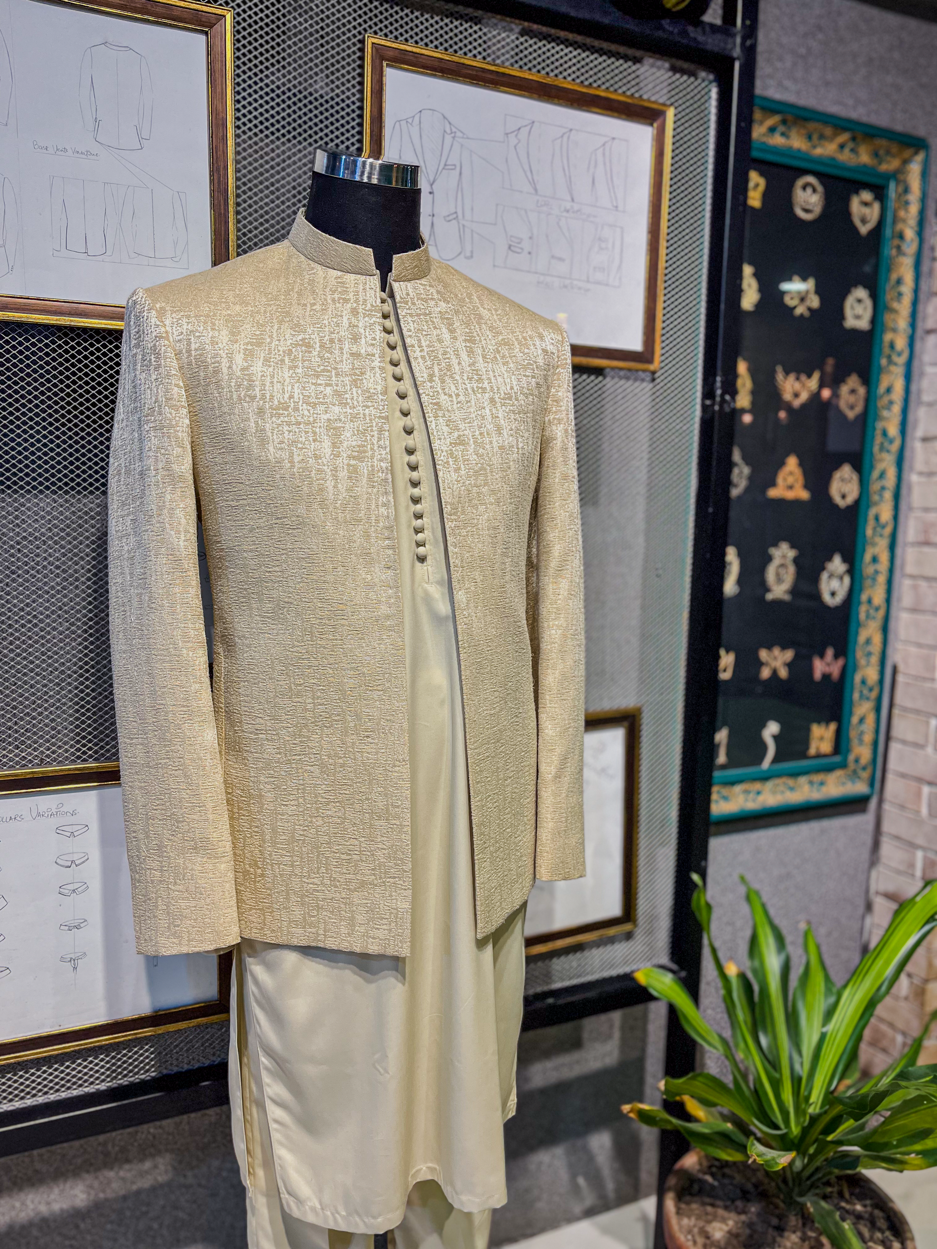 Ivory Self-Textured Jamawar Prince Coat (3-Piece) - Image 5