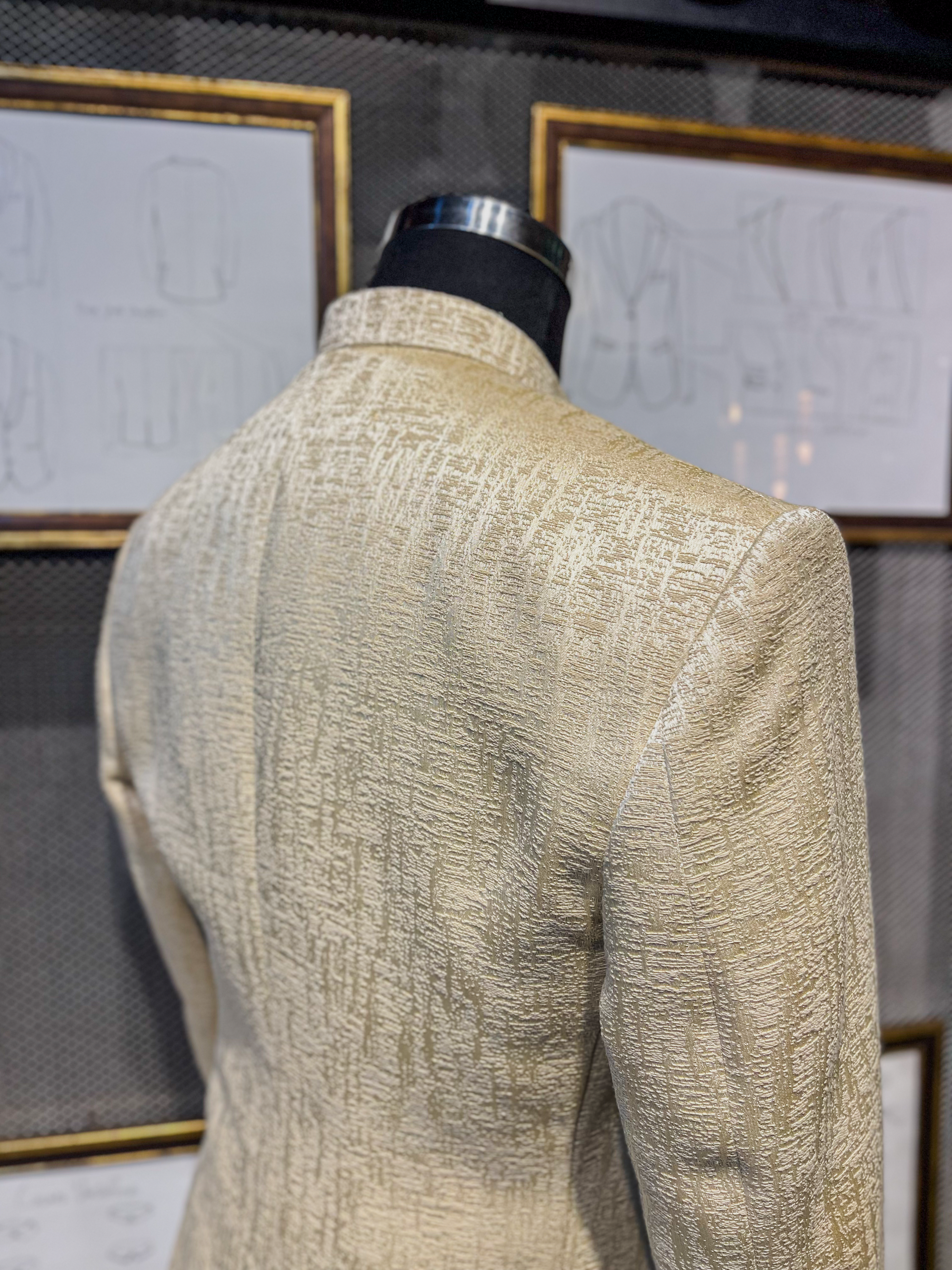 Ivory Self-Textured Jamawar Prince Coat (3-Piece) - Image 6