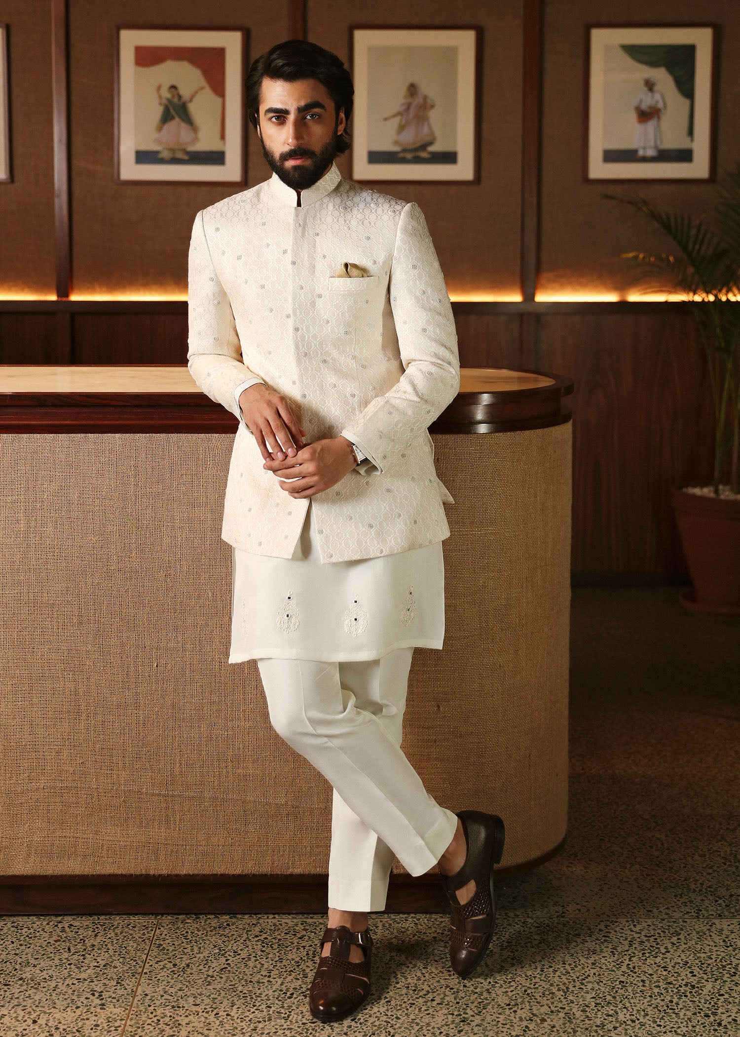 Off-White Pearl Embroidered Karandi Prince Coat (3-Piece) - Image 3