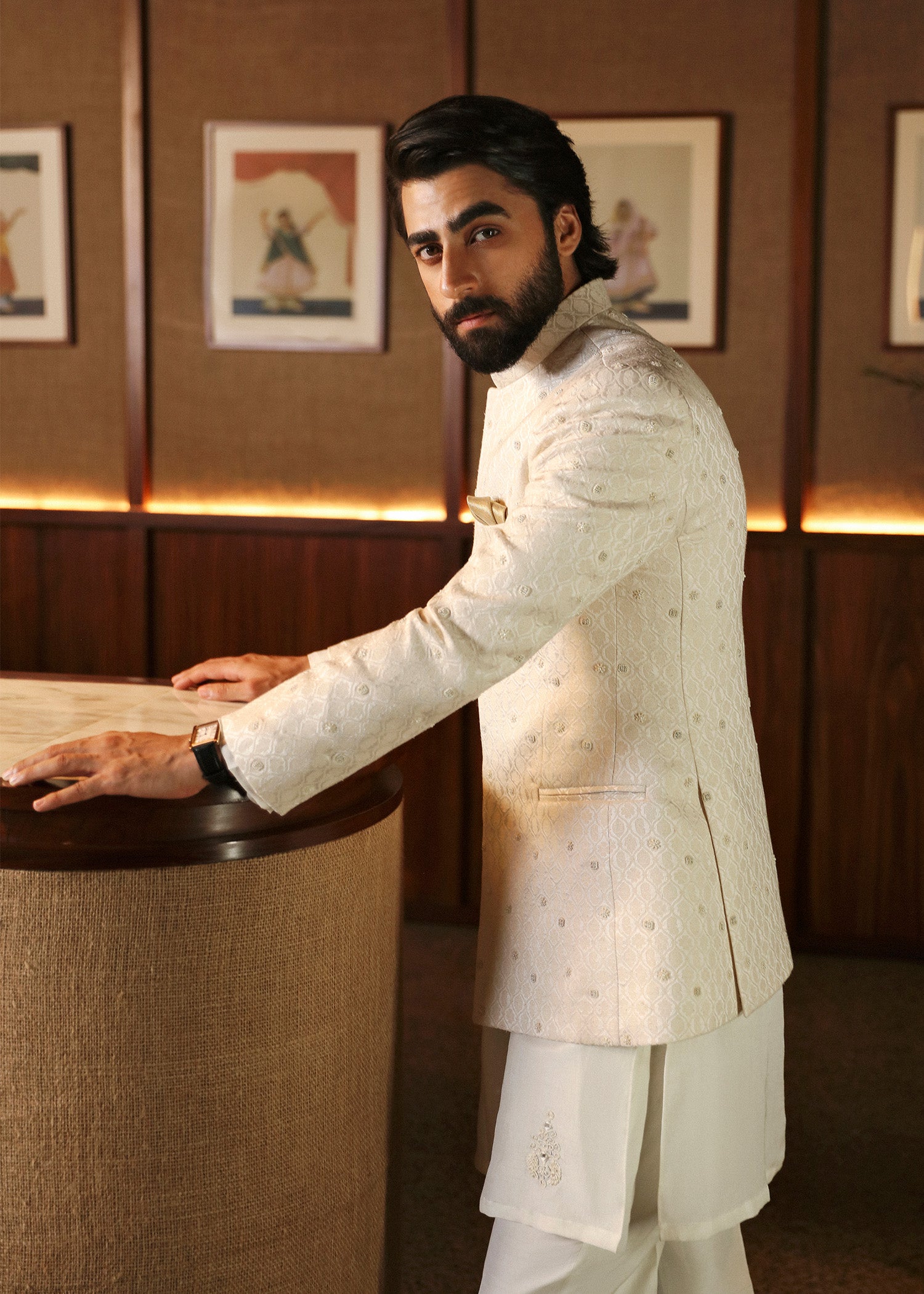 Off-White Pearl Embroidered Karandi Prince Coat (3-Piece) - Image 4