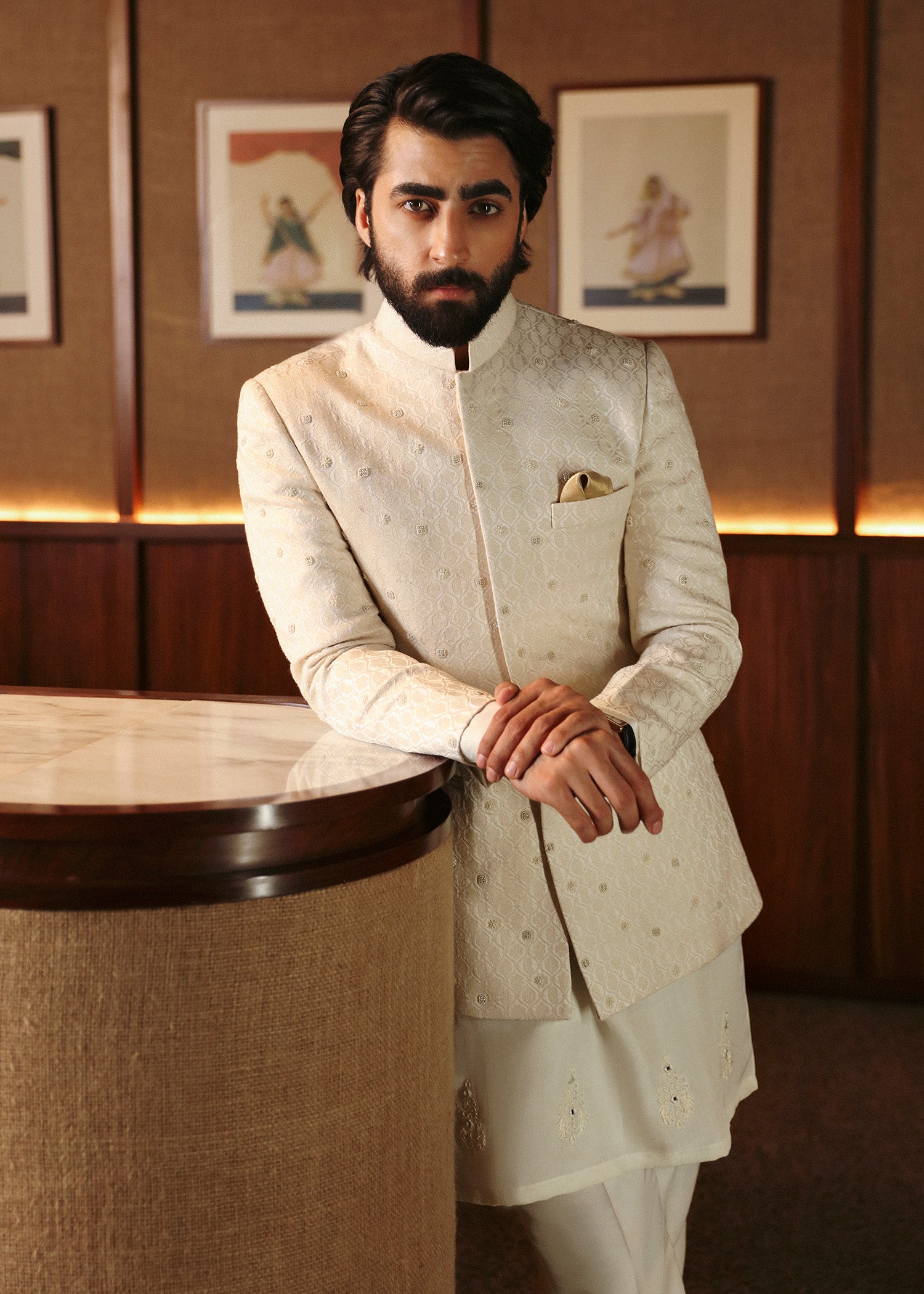 Off-White Pearl Embroidered Karandi Prince Coat (3-Piece) - Image 5