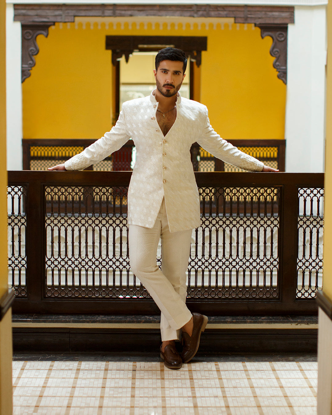 Off-White Embellished Karandi Prince Coat (2-Piece) - Image 1