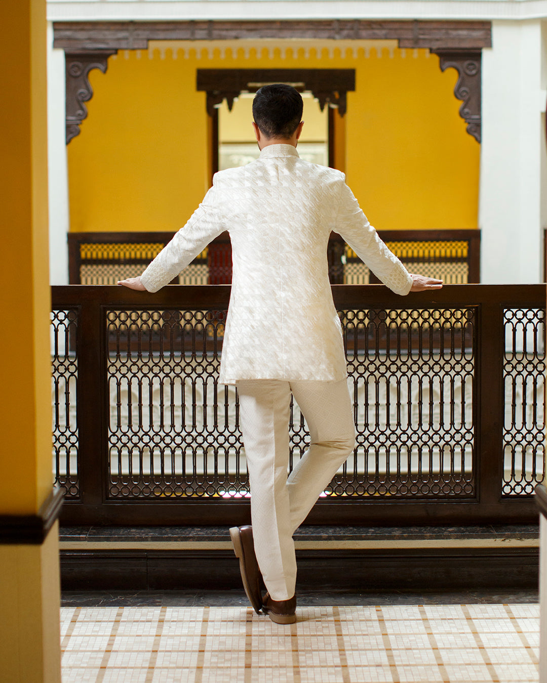 Off-White Embellished Karandi Prince Coat (2-Piece) - Image 4