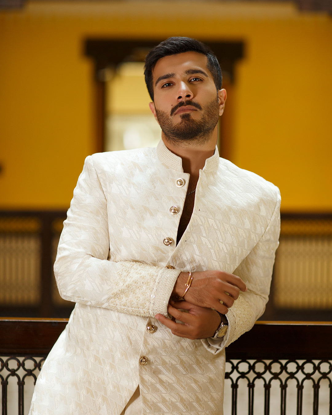 Off-White Embellished Karandi Prince Coat (2-Piece) - Image 5