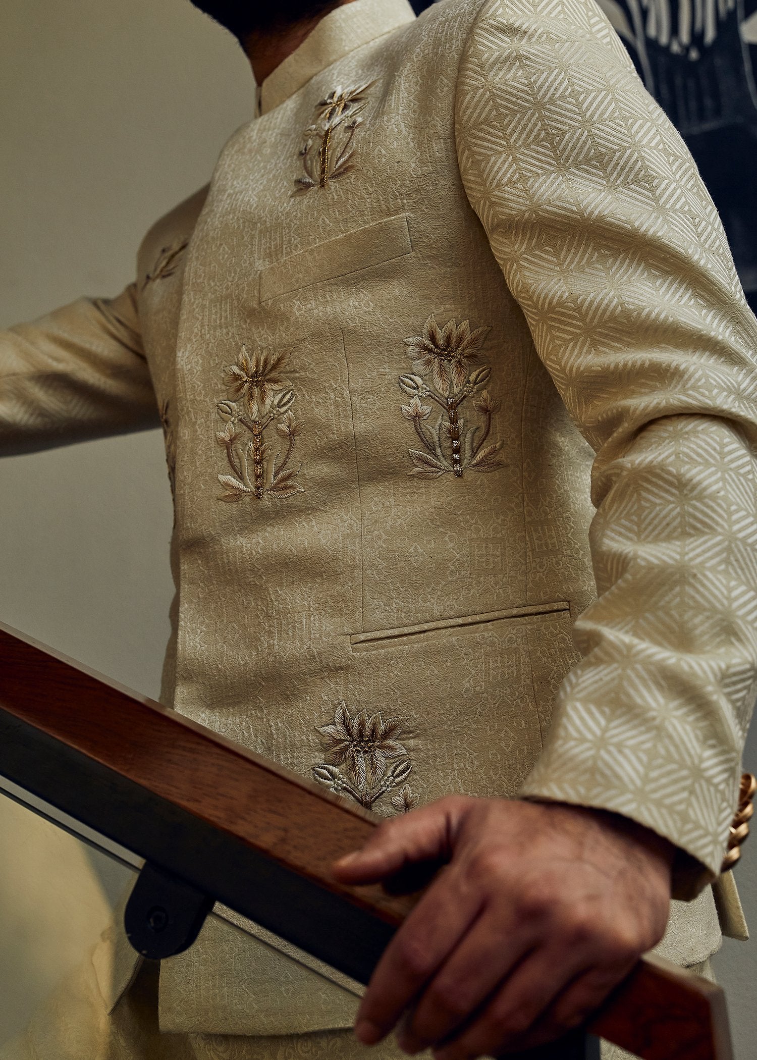 Ivory Floral Embroidered Karandi Princecoat (3-Piece) - Image 2