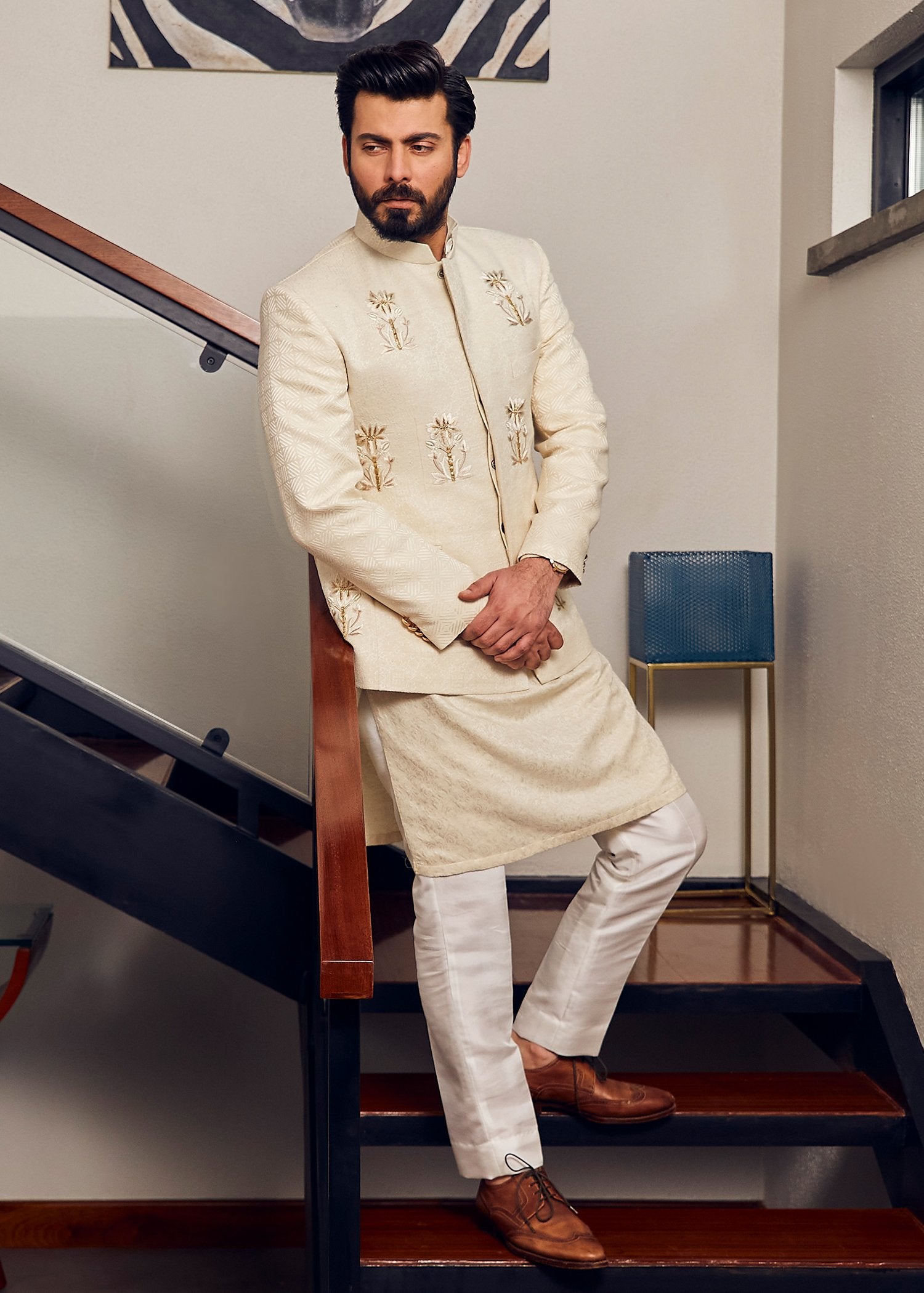 Ivory Floral Embroidered Karandi Princecoat (3-Piece) - Image 3