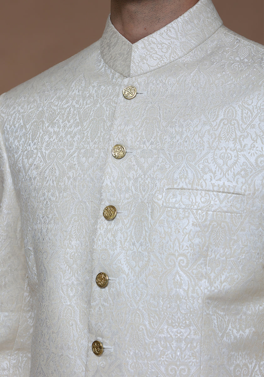 Antique White Karandi Jamawar Prince Coat (1-Pc) - Image 4