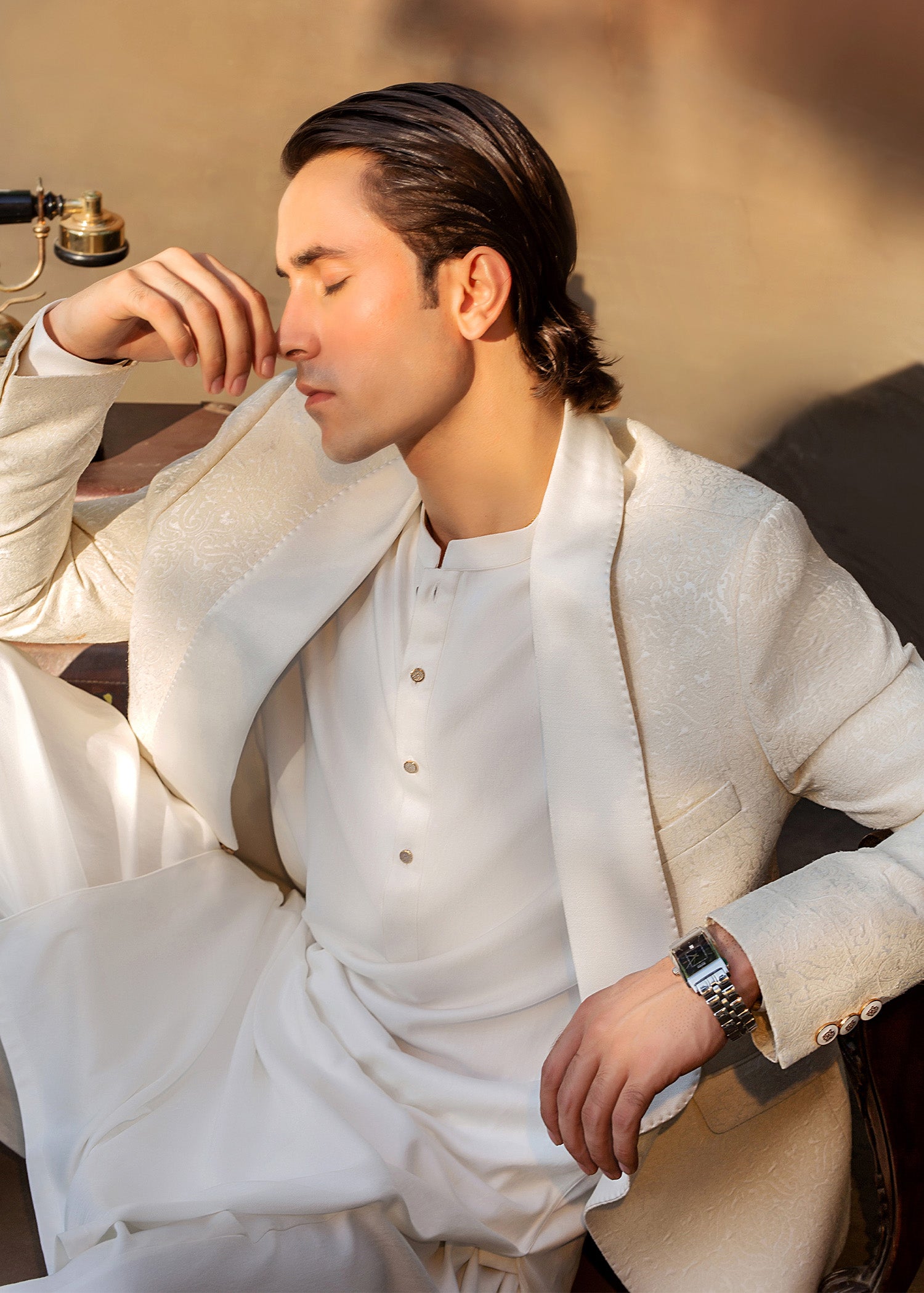 Ivory White Khaddar Prince Coat Kurta Set (3-Piece) - Image 5