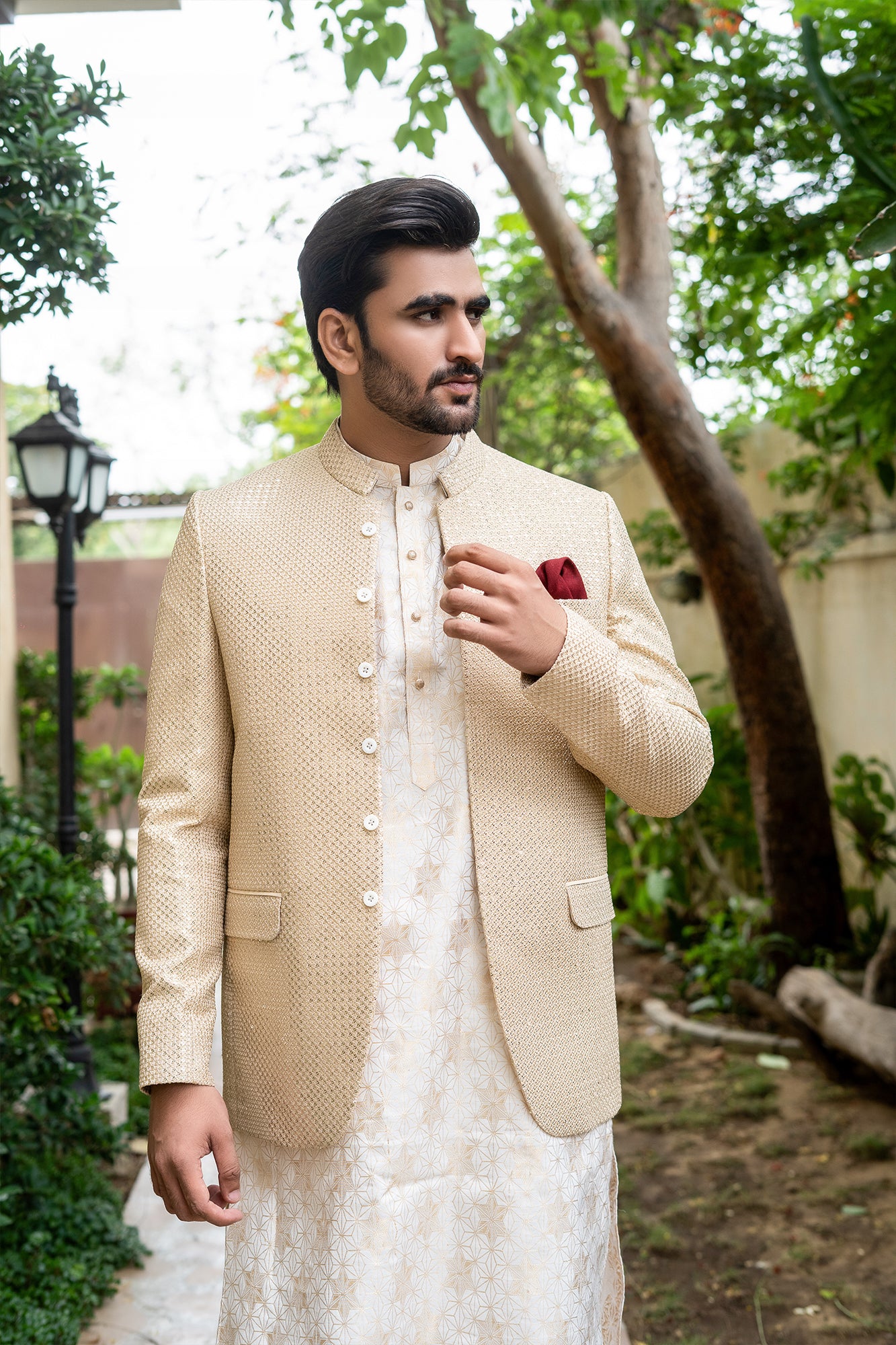 Ivory Beige Gold Textured Premium Fabric Prince Coat (2-Piece) - Image 2