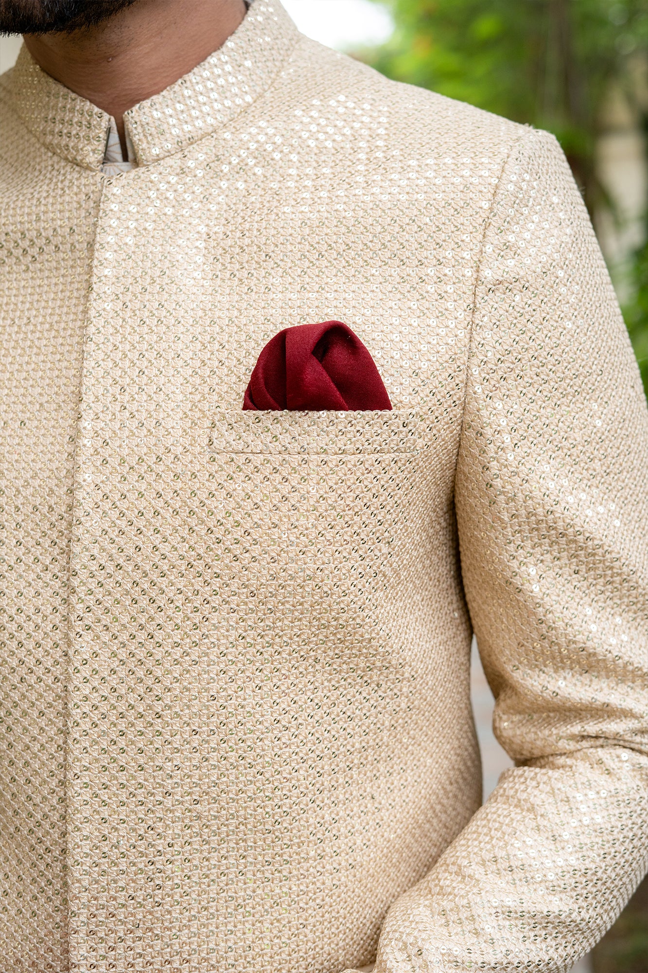 Ivory Beige Gold Textured Premium Fabric Prince Coat (2-Piece) - Image 3