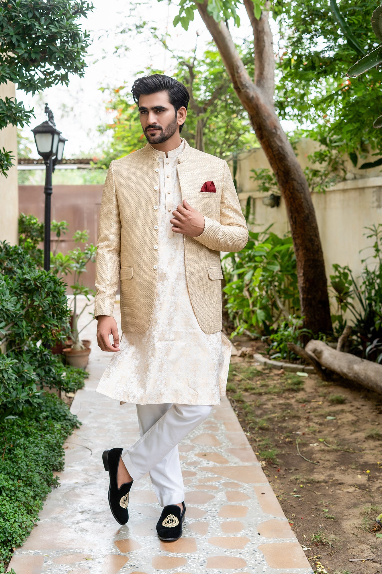 Ivory Beige Gold Textured Premium Fabric Prince Coat (2-Piece) - Image 4