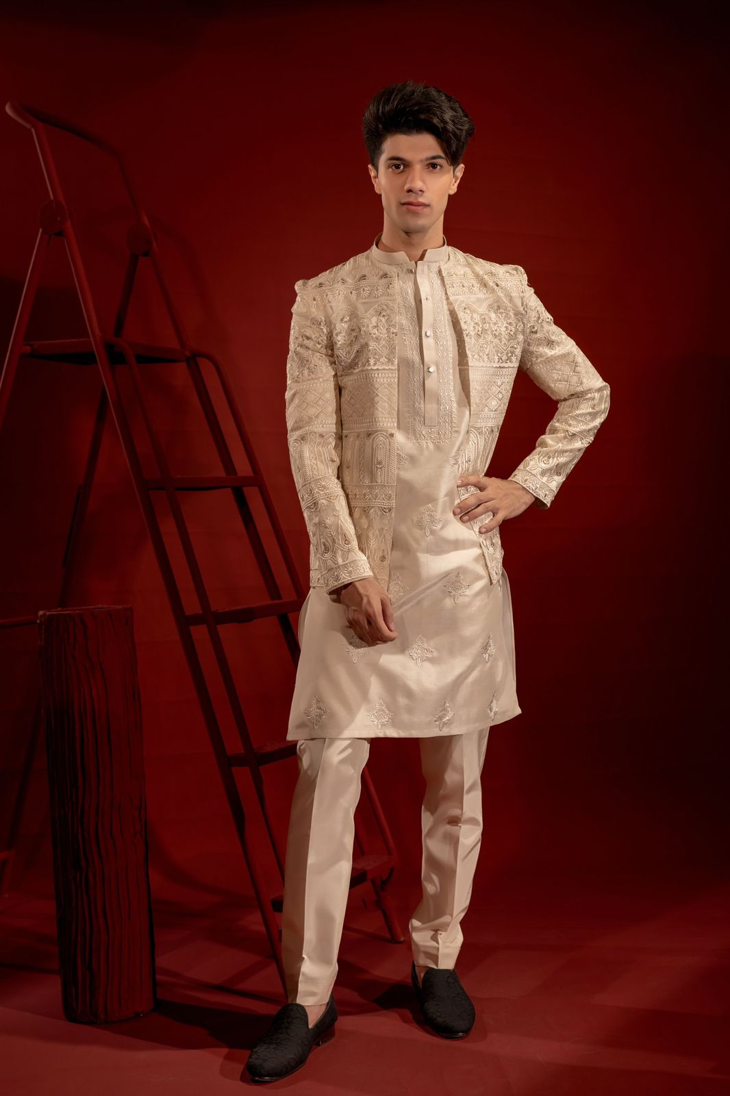 Ivory Embroidered Organza Prince Coat (3-Piece) - Image 1