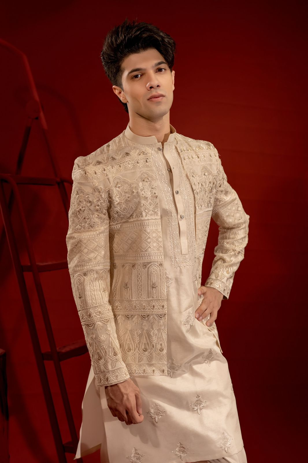 Ivory Embroidered Organza Prince Coat (3-Piece) - Image 3