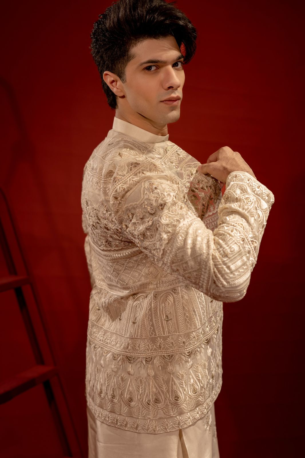 Ivory Embroidered Organza Prince Coat (3-Piece) - Image 2