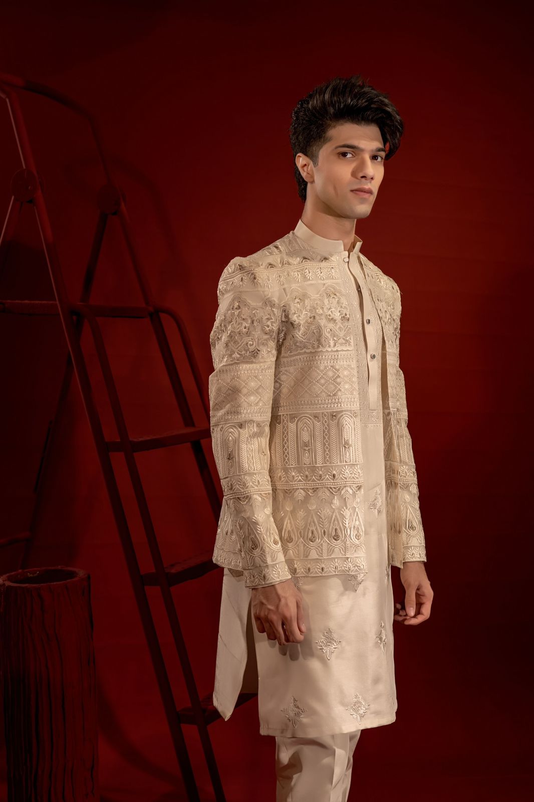 Ivory Embroidered Organza Prince Coat (3-Piece) - Image 4