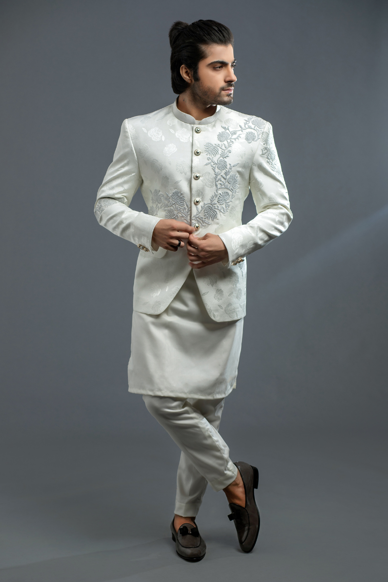 Ivory Embroidered Polyester-Cotton Prince Coat (3-Piece) - Image 1