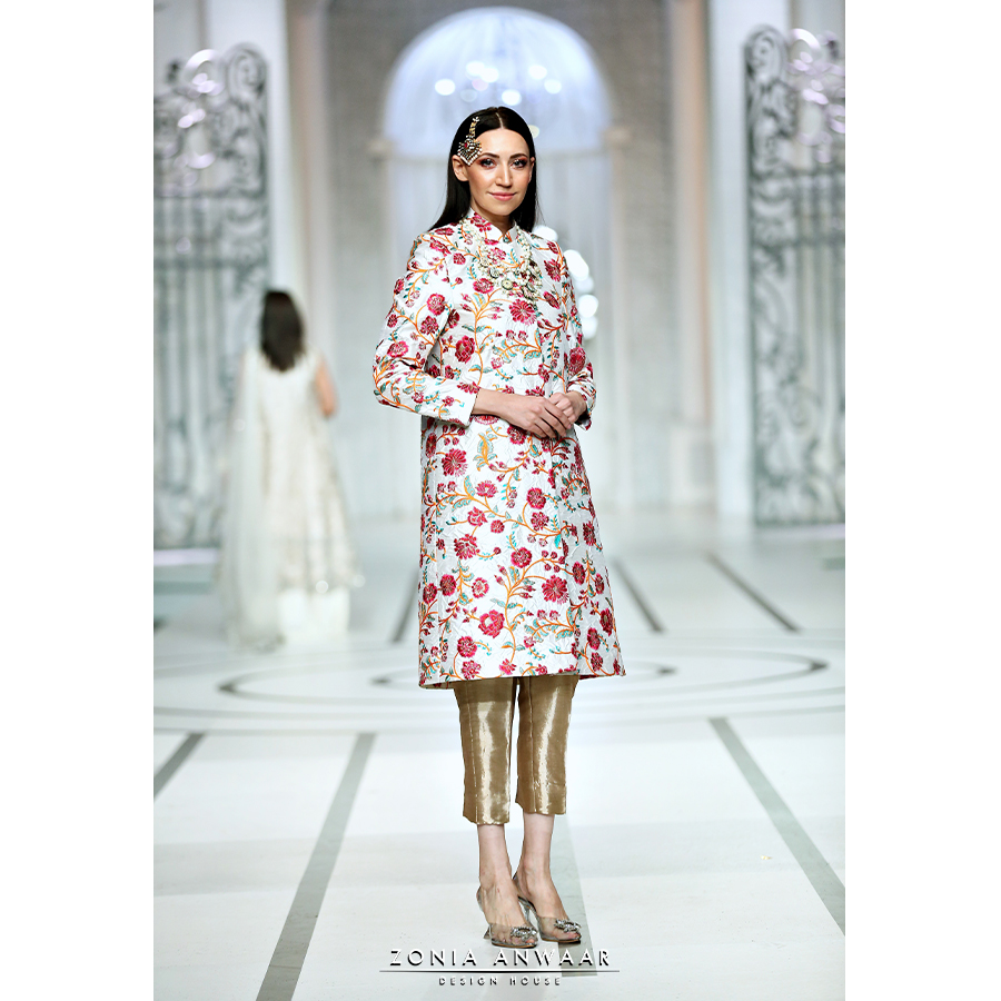 Ivory Floral Jaal Pure Silk Prince Coat (3-Piece) - Image 1
