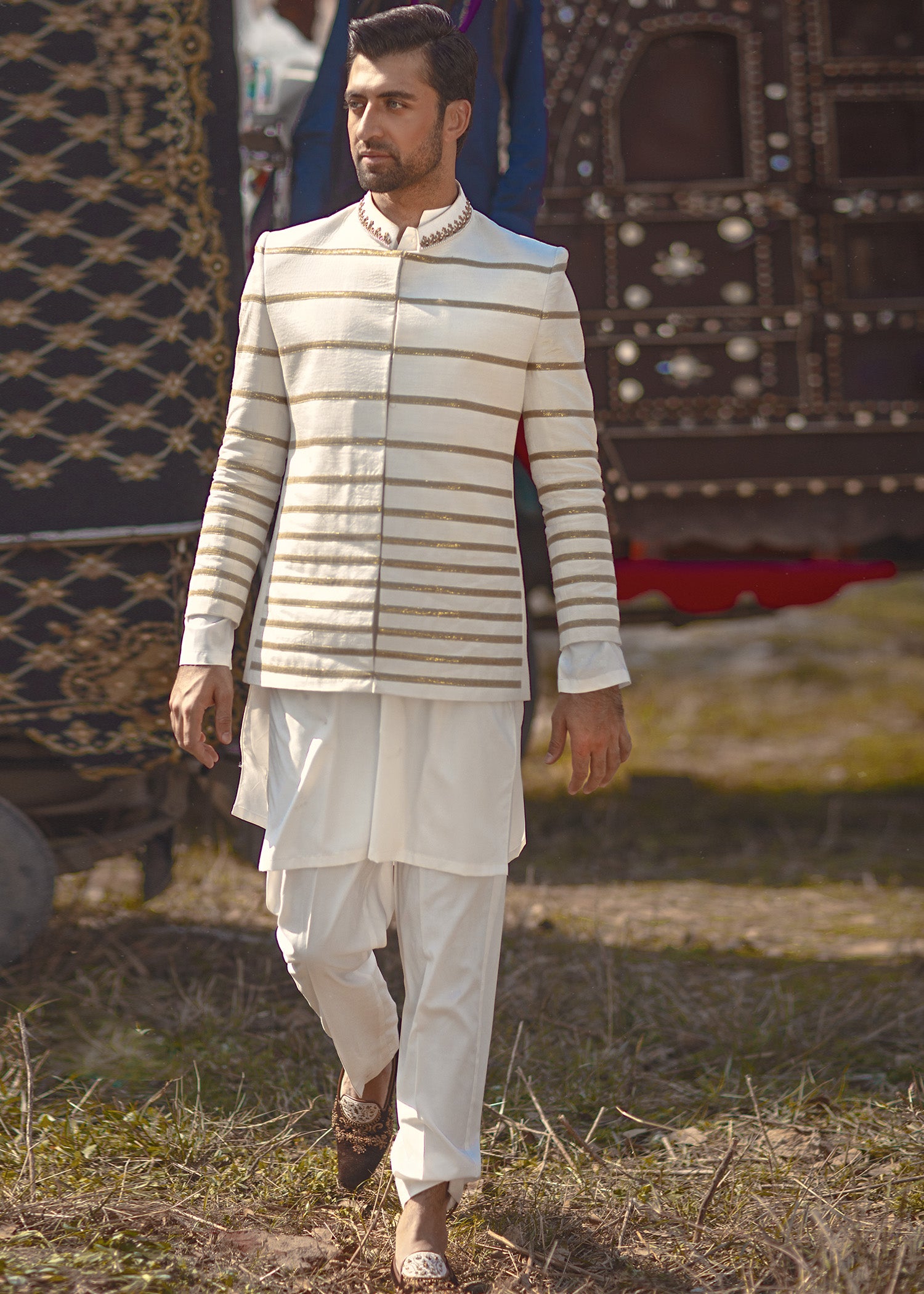 Off-White Antique Dabka Raw Silk Prince Coat (3-Piece) - Image 1