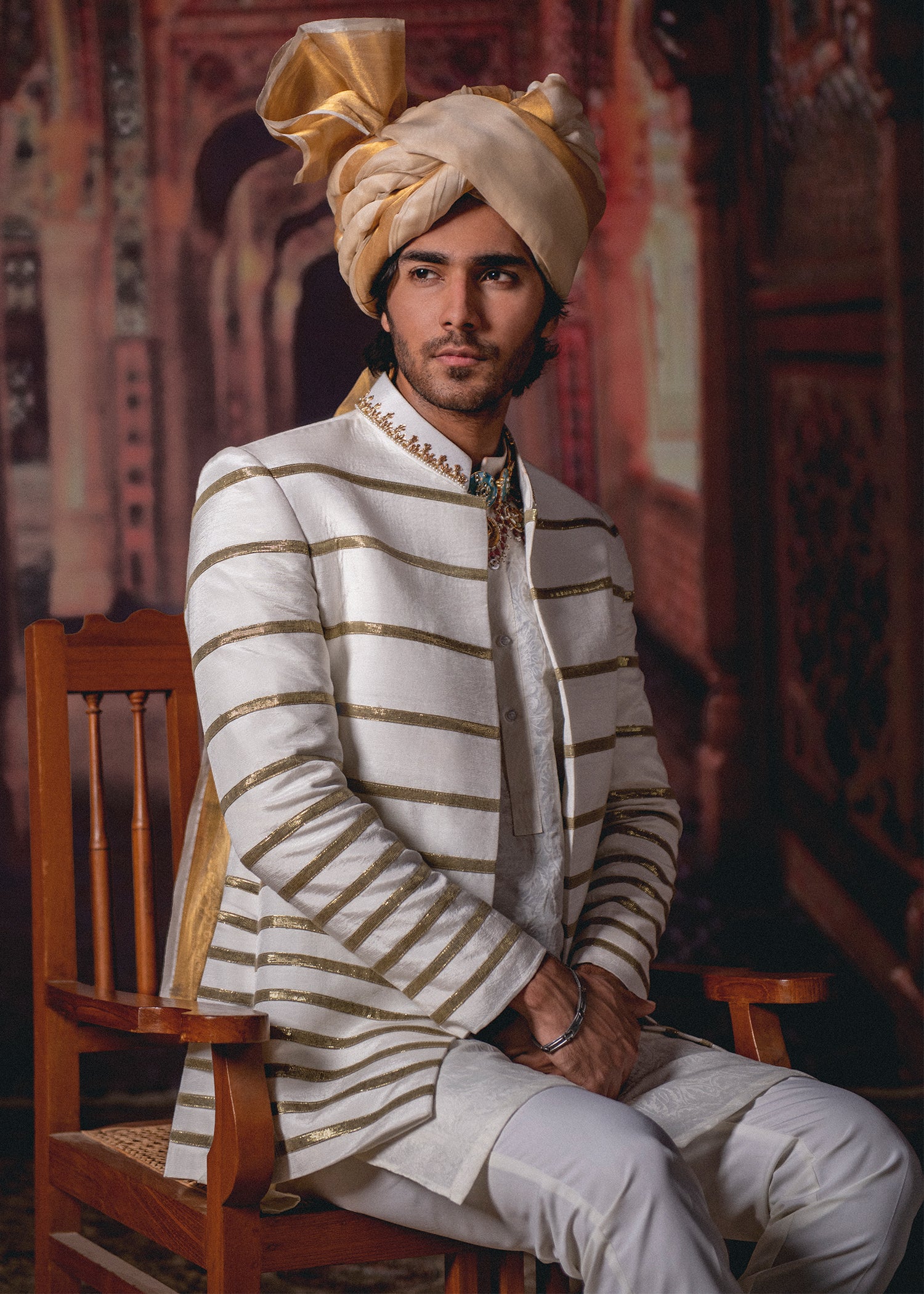 Off-White Antique Dabka Raw Silk Prince Coat (3-Piece) - Image 4