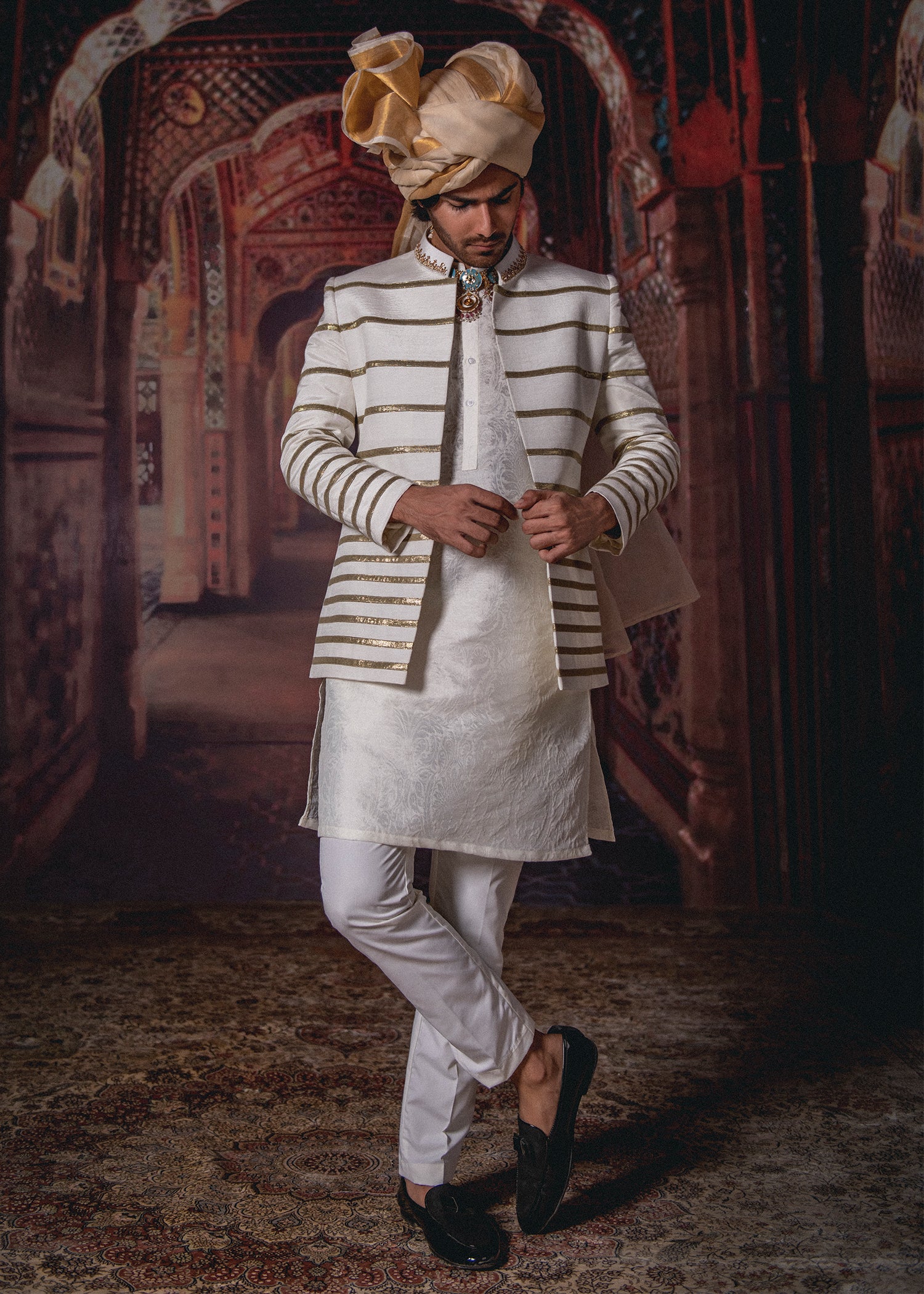 Off-White Antique Dabka Raw Silk Prince Coat (3-Piece) - Image 5