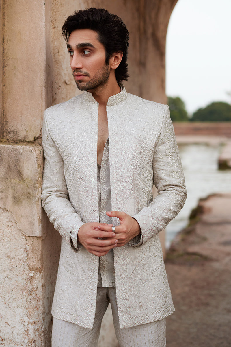 Ivory Embroidered Raw Silk Prince Coat Suit (3-Piece) - Image 1