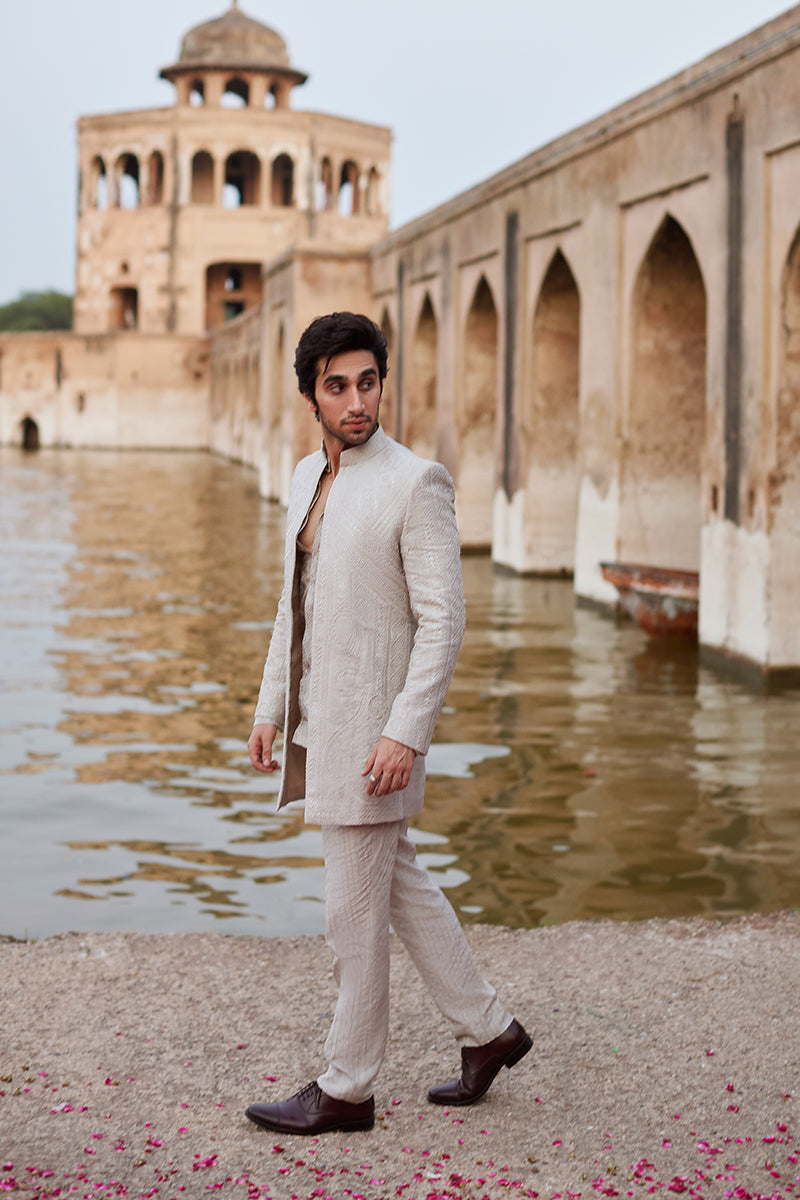 Ivory Embroidered Raw Silk Prince Coat Suit (3-Piece) - Image 5