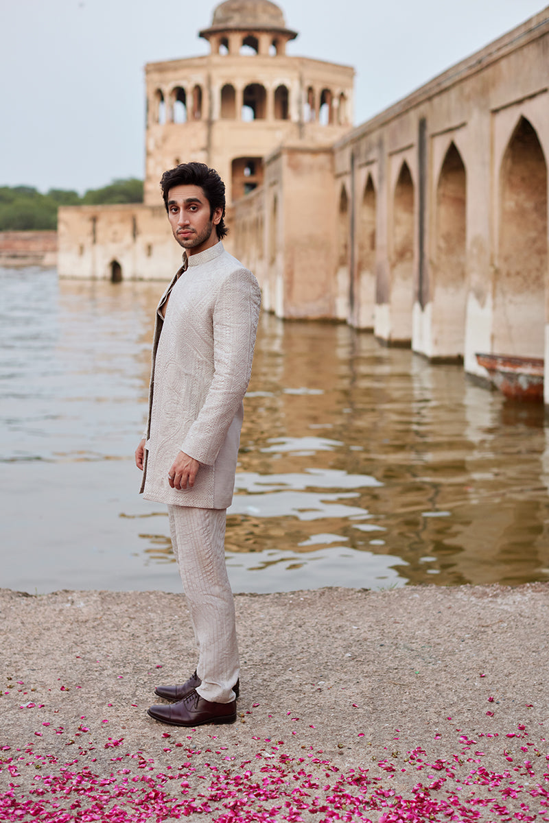 Ivory Embroidered Raw Silk Prince Coat Suit (3-Piece) - Image 6