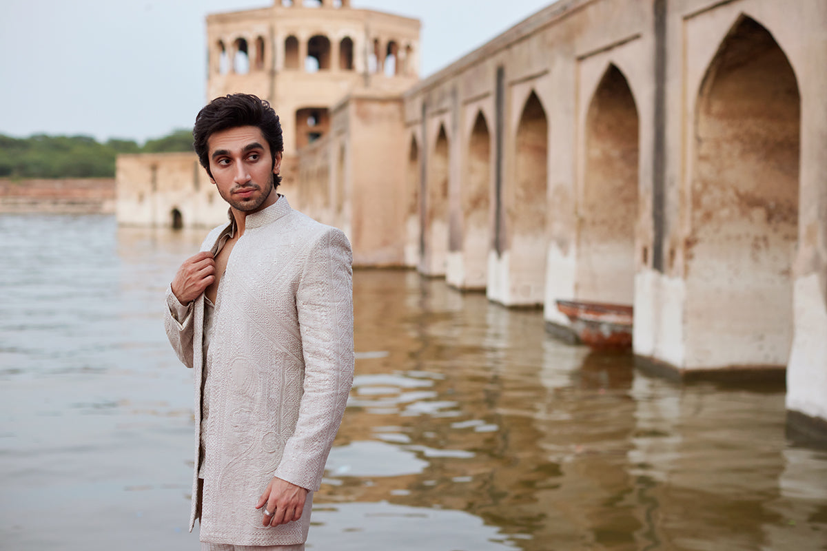Ivory Embroidered Raw Silk Prince Coat Suit (3-Piece) - Image 7