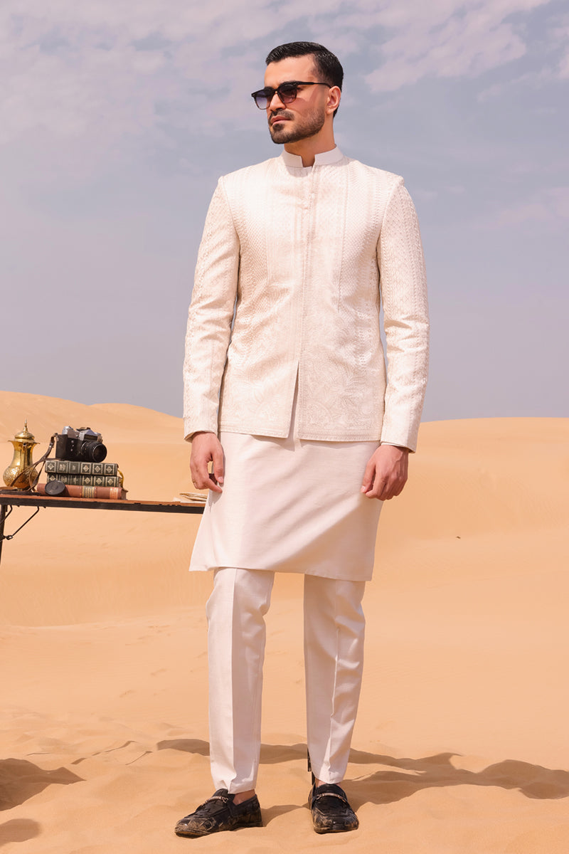 Ivory Embroidered Raw Silk Prince Coat (3-Piece) - Image 3