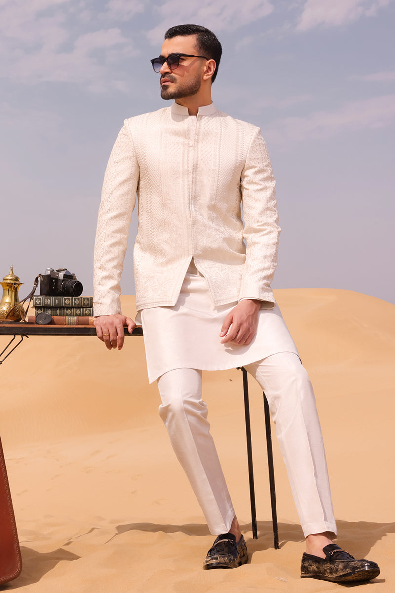 Ivory Embroidered Raw Silk Prince Coat (3-Piece) - Image 4