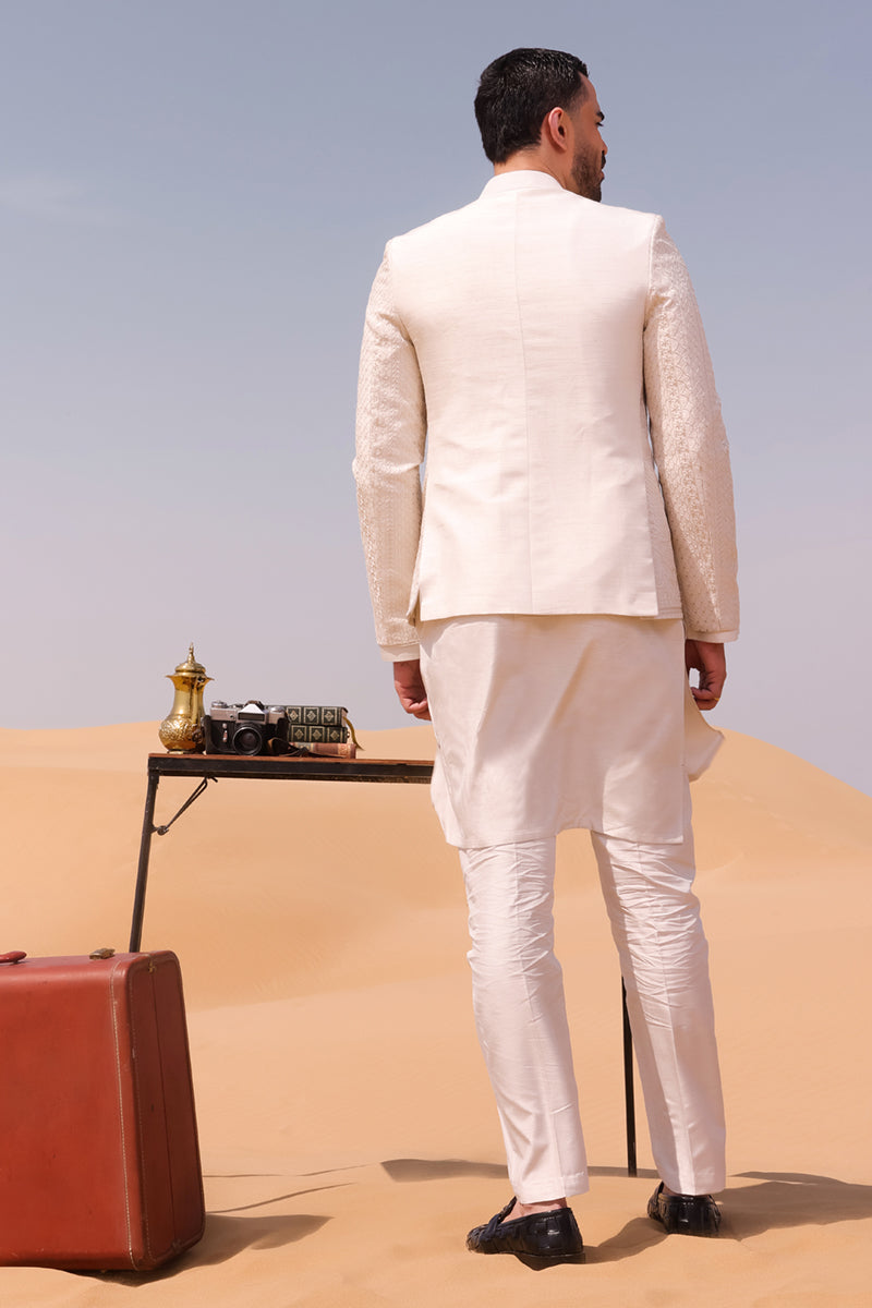 Ivory Embroidered Raw Silk Prince Coat (3-Piece) - Image 5