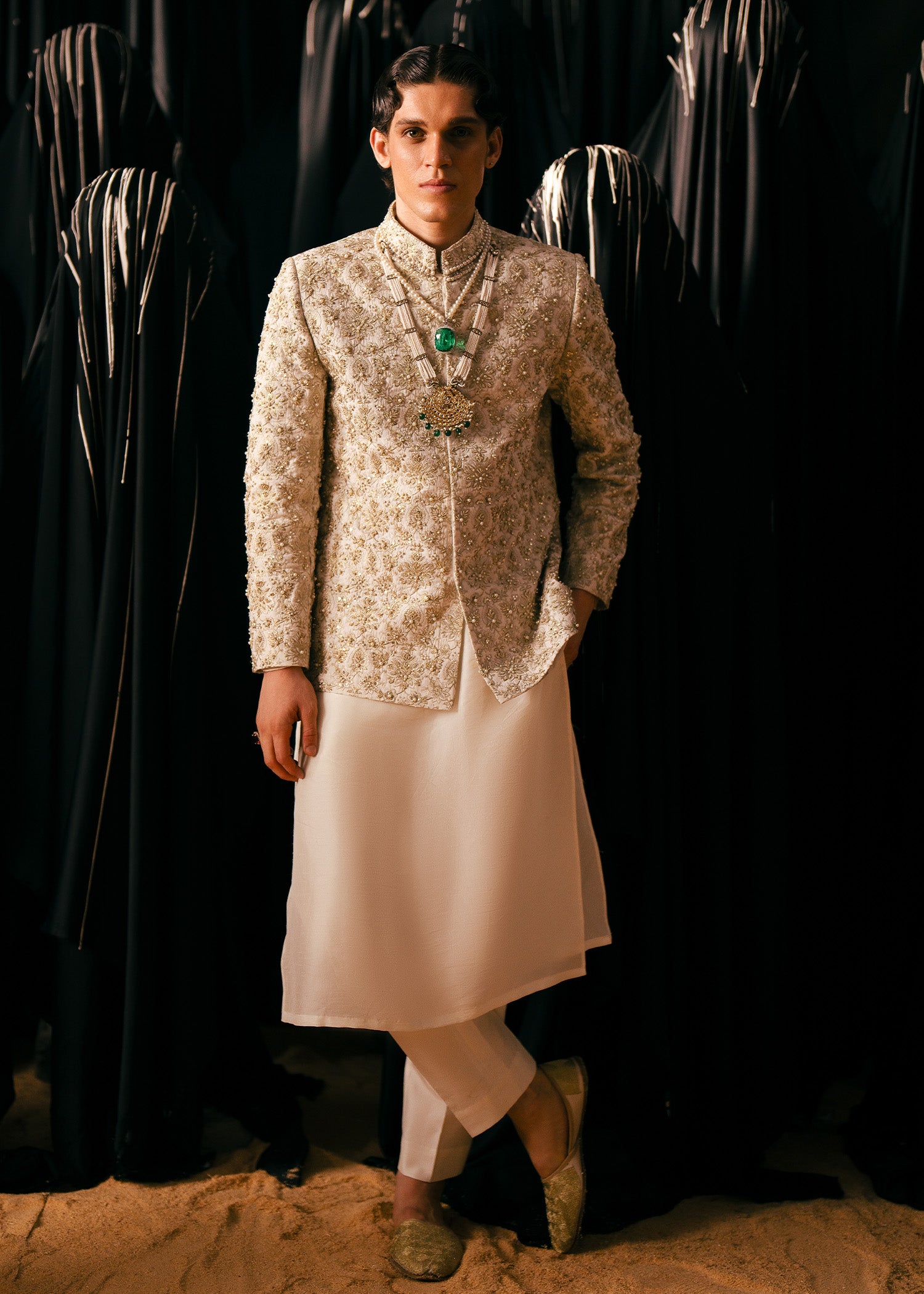 Ivory Self-Embroidered Raw Silk Prince Coat (3-Piece) - Image 2