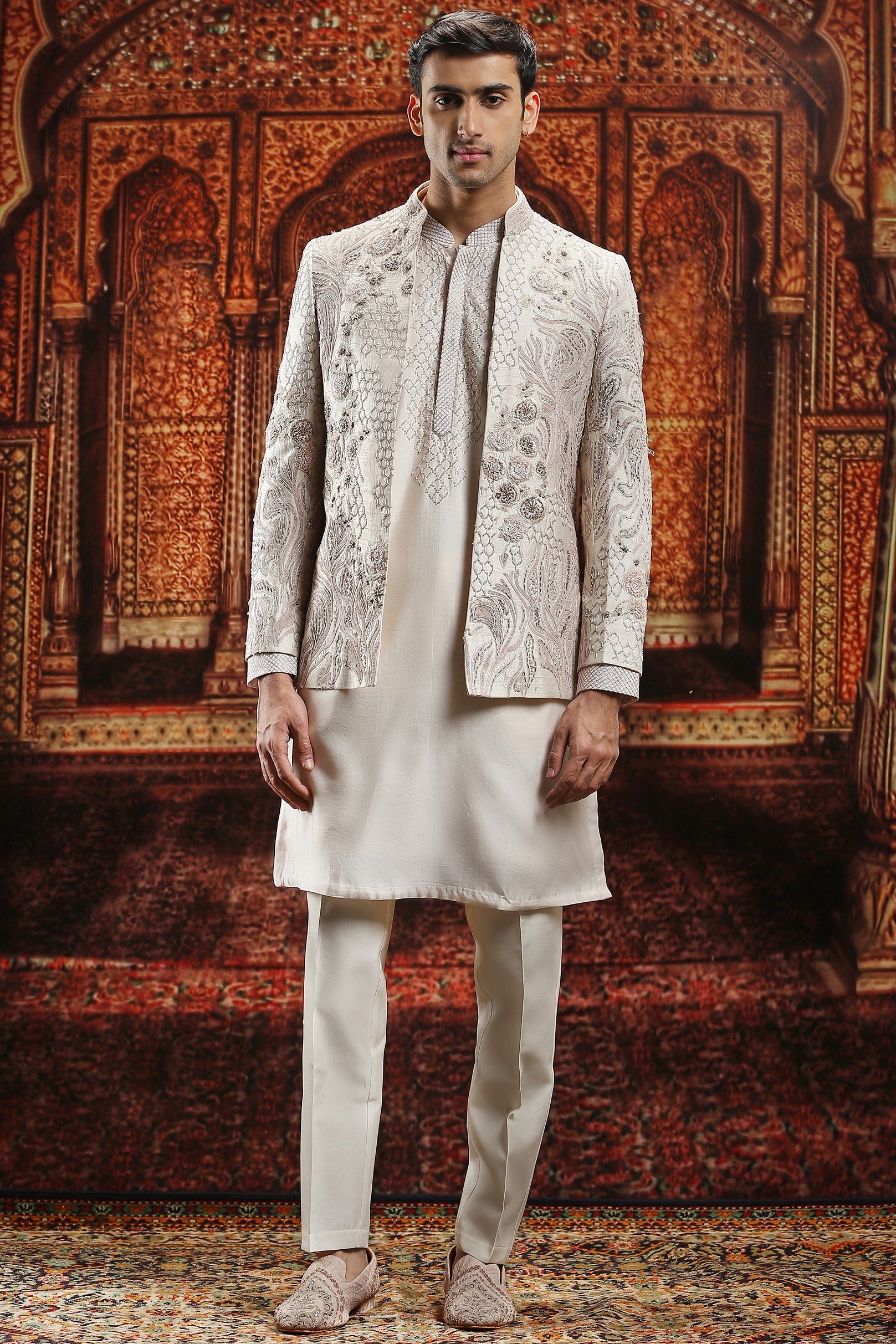 Ivory Hand-Embroidered Raw Silk Prince Coat (3-Piece) - Image 1