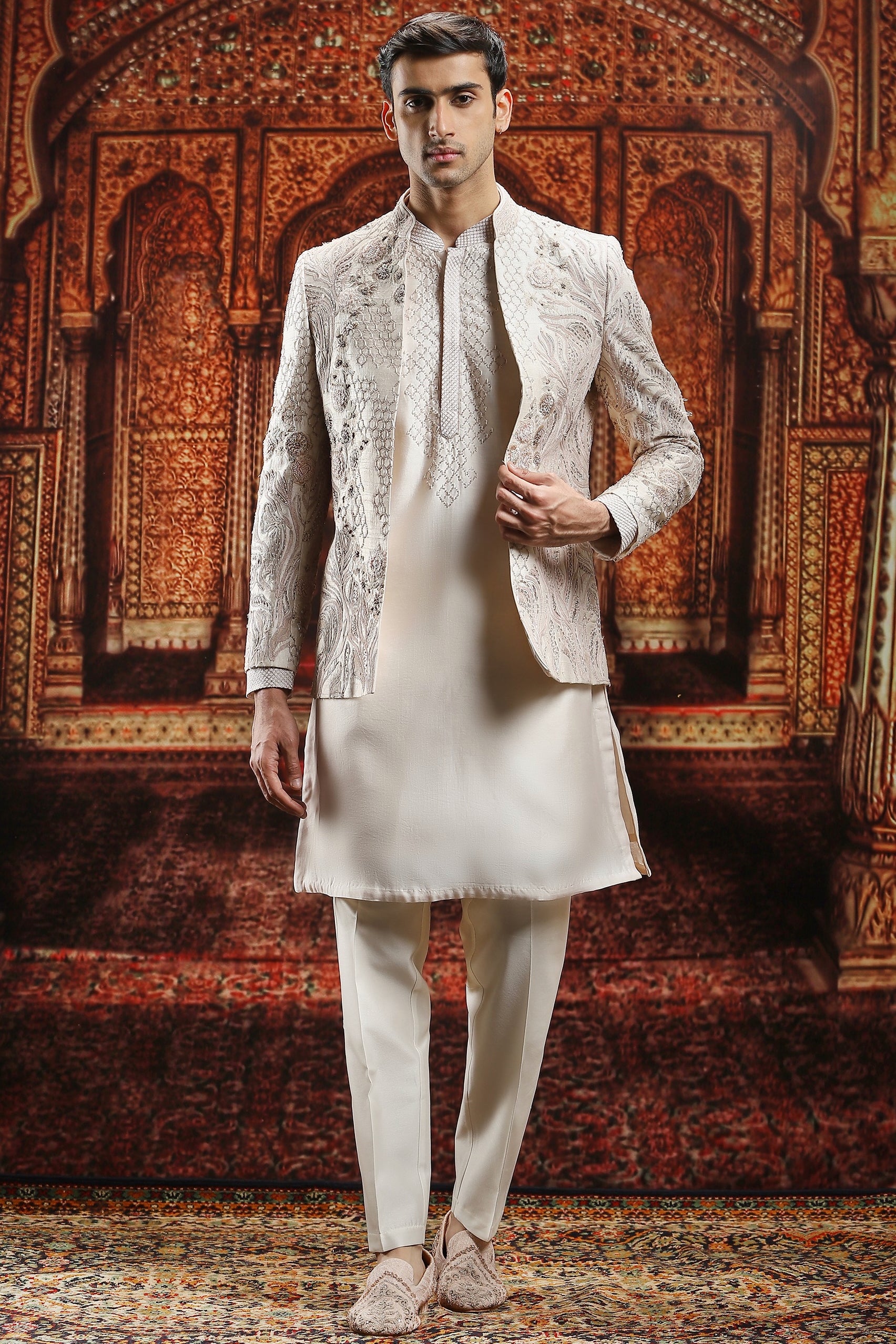 Ivory Hand-Embroidered Raw Silk Prince Coat (3-Piece) - Image 2