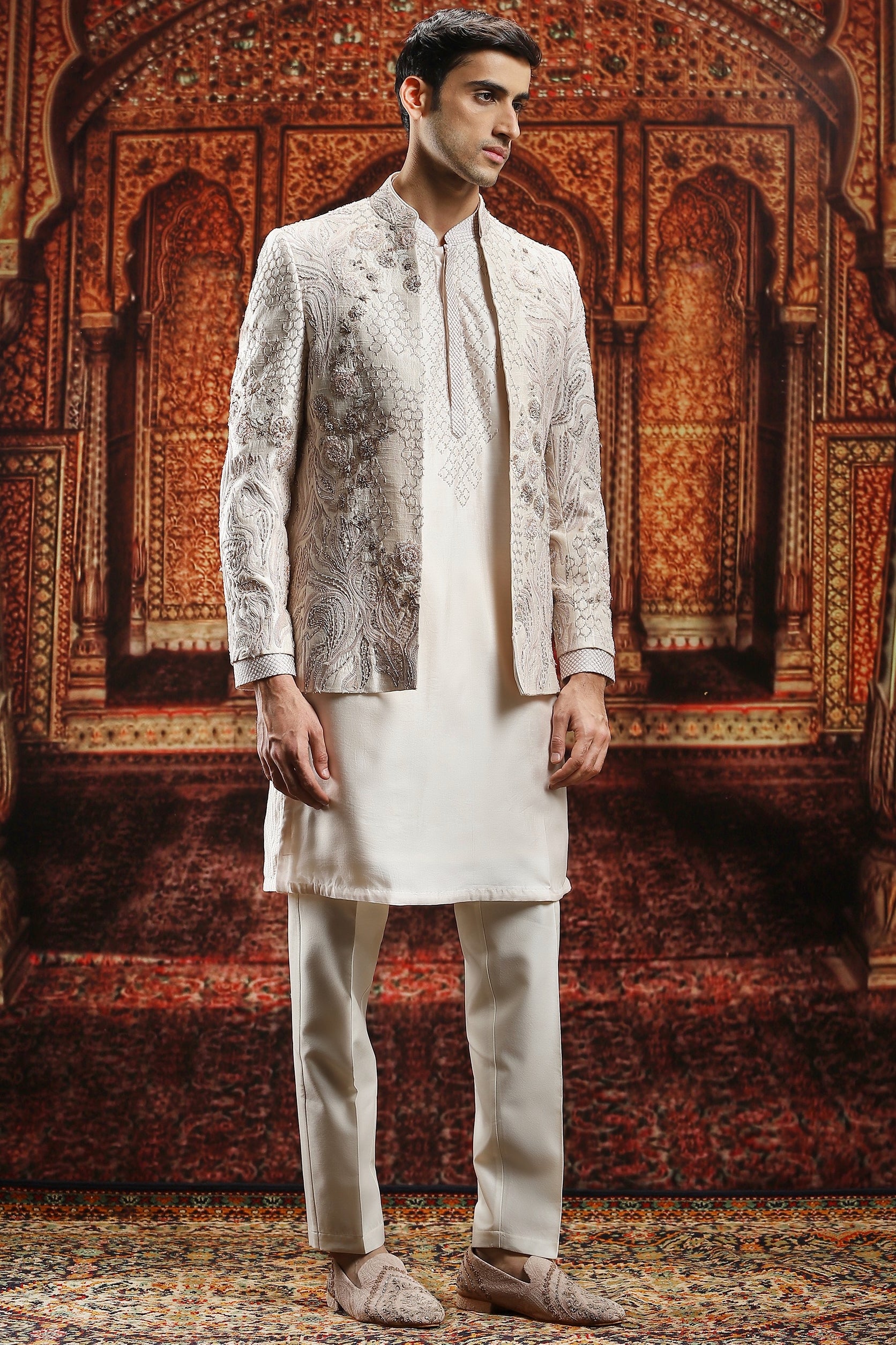 Ivory Hand-Embroidered Raw Silk Prince Coat (3-Piece) - Image 3
