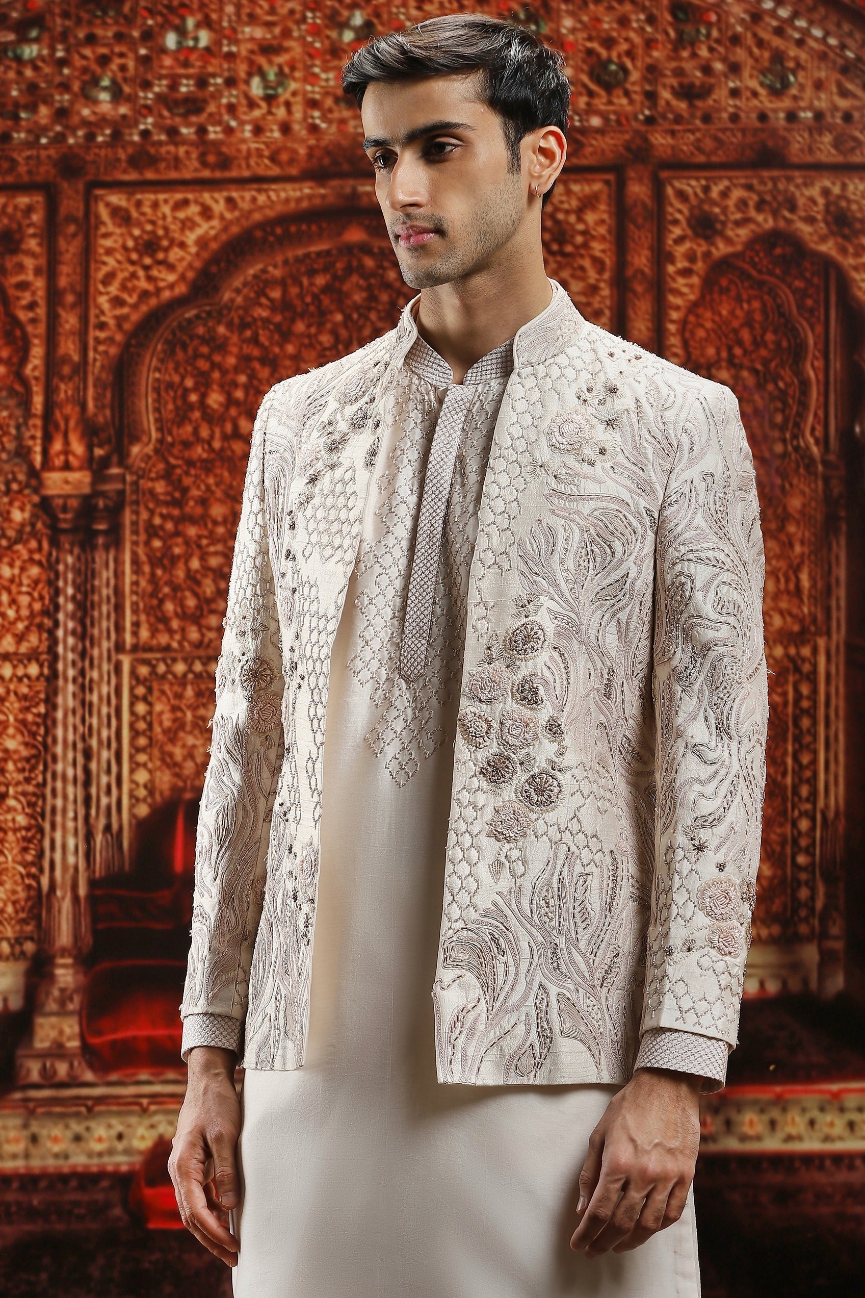 Ivory Hand-Embroidered Raw Silk Prince Coat (3-Piece) - Image 4
