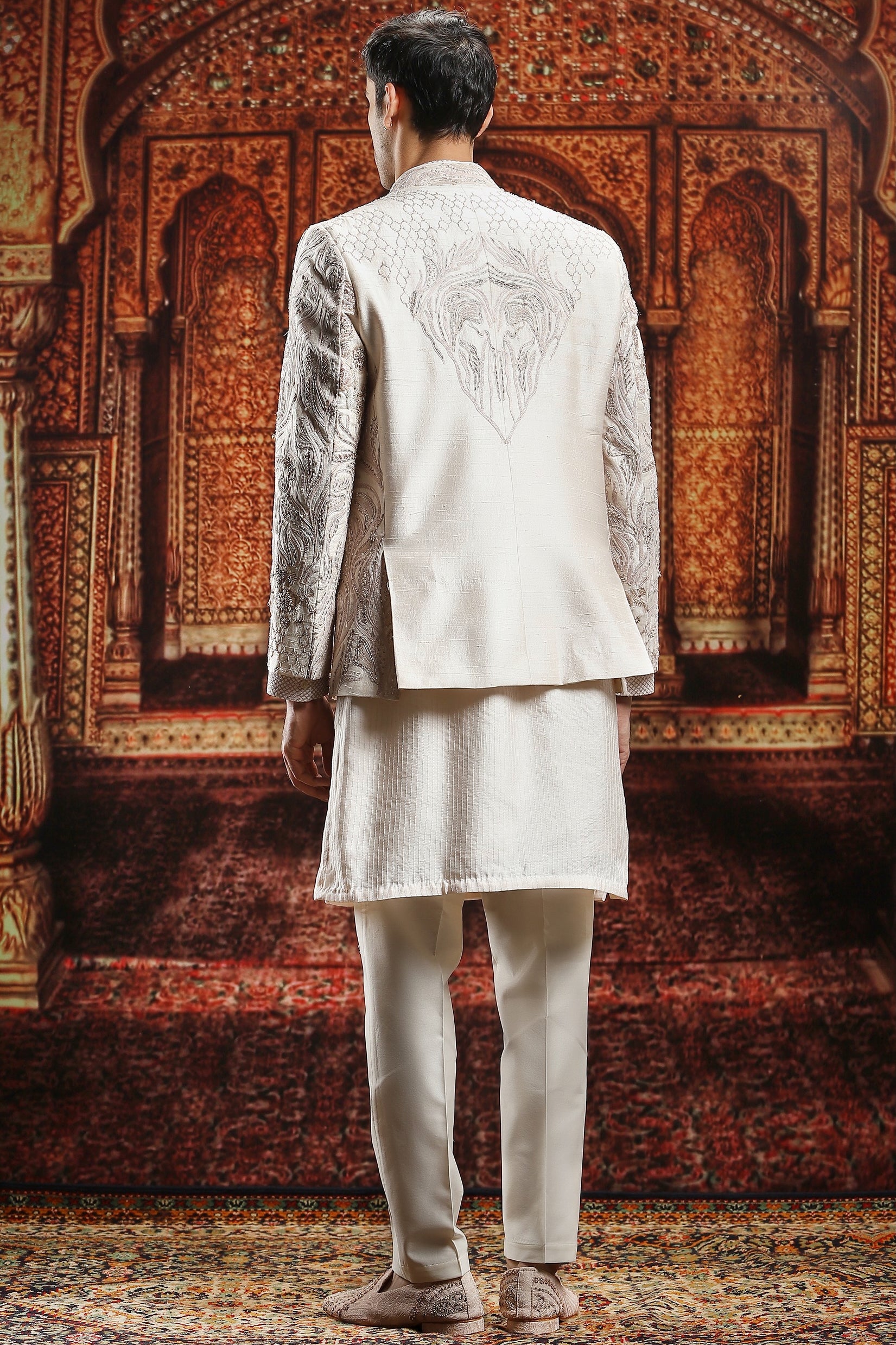 Ivory Hand-Embroidered Raw Silk Prince Coat (3-Piece) - Image 5