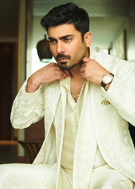 Ivory Embroidered Raw Silk Prince Coat (3-Piece) - Image 1