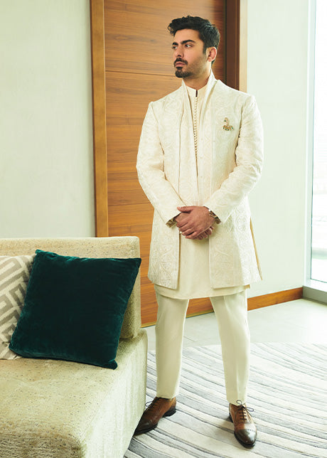 Ivory Embroidered Raw Silk Prince Coat (3-Piece) - Image 2