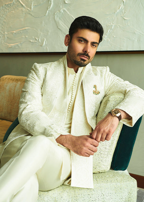 Ivory Embroidered Raw Silk Prince Coat (3-Piece) - Image 3