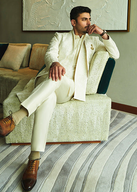 Ivory Embroidered Raw Silk Prince Coat (3-Piece) - Image 4