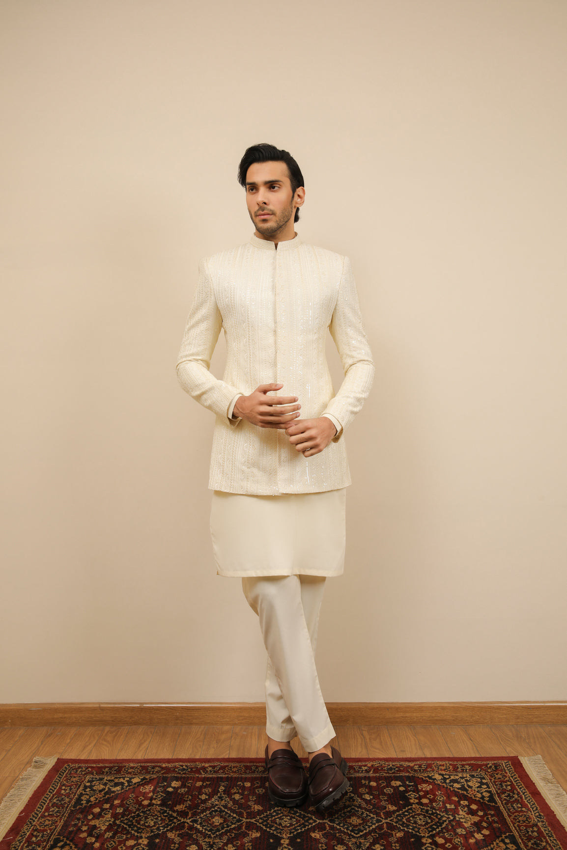 Ivory Embroidered Raw Silk Prince Coat (3-Piece) - Image 1