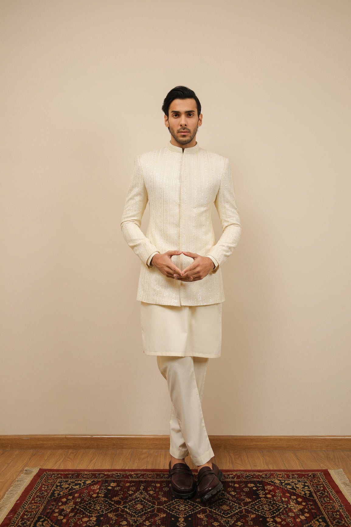 Ivory Embroidered Raw Silk Prince Coat (3-Piece) - Image 2