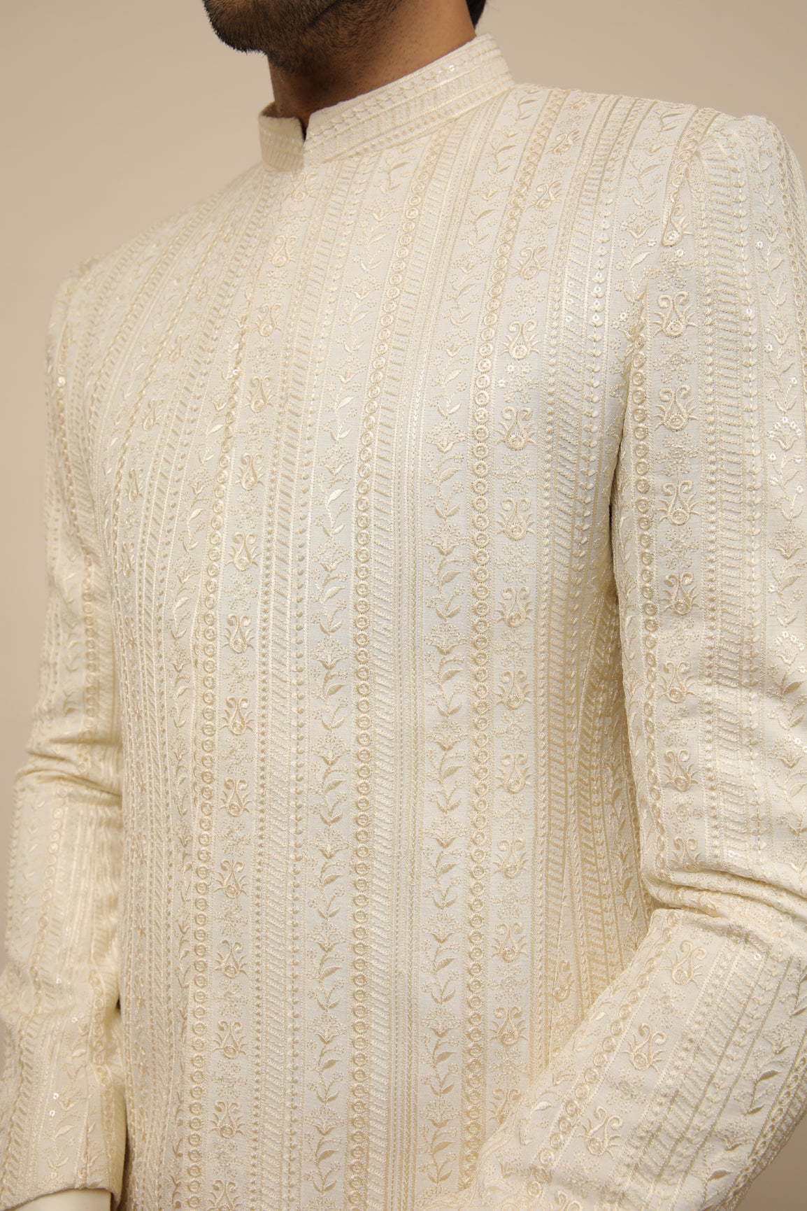 Ivory Embroidered Raw Silk Prince Coat (3-Piece) - Image 3