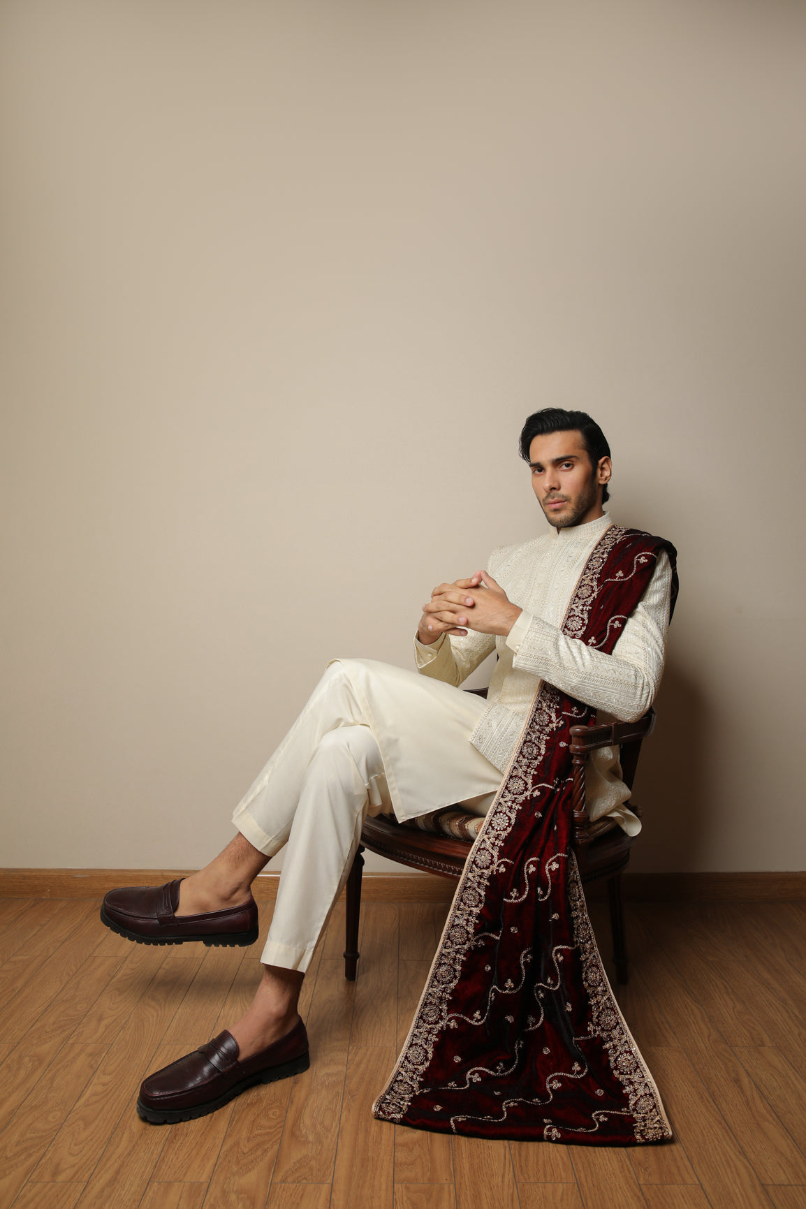 Ivory Embroidered Raw Silk Prince Coat (3-Piece) - Image 4